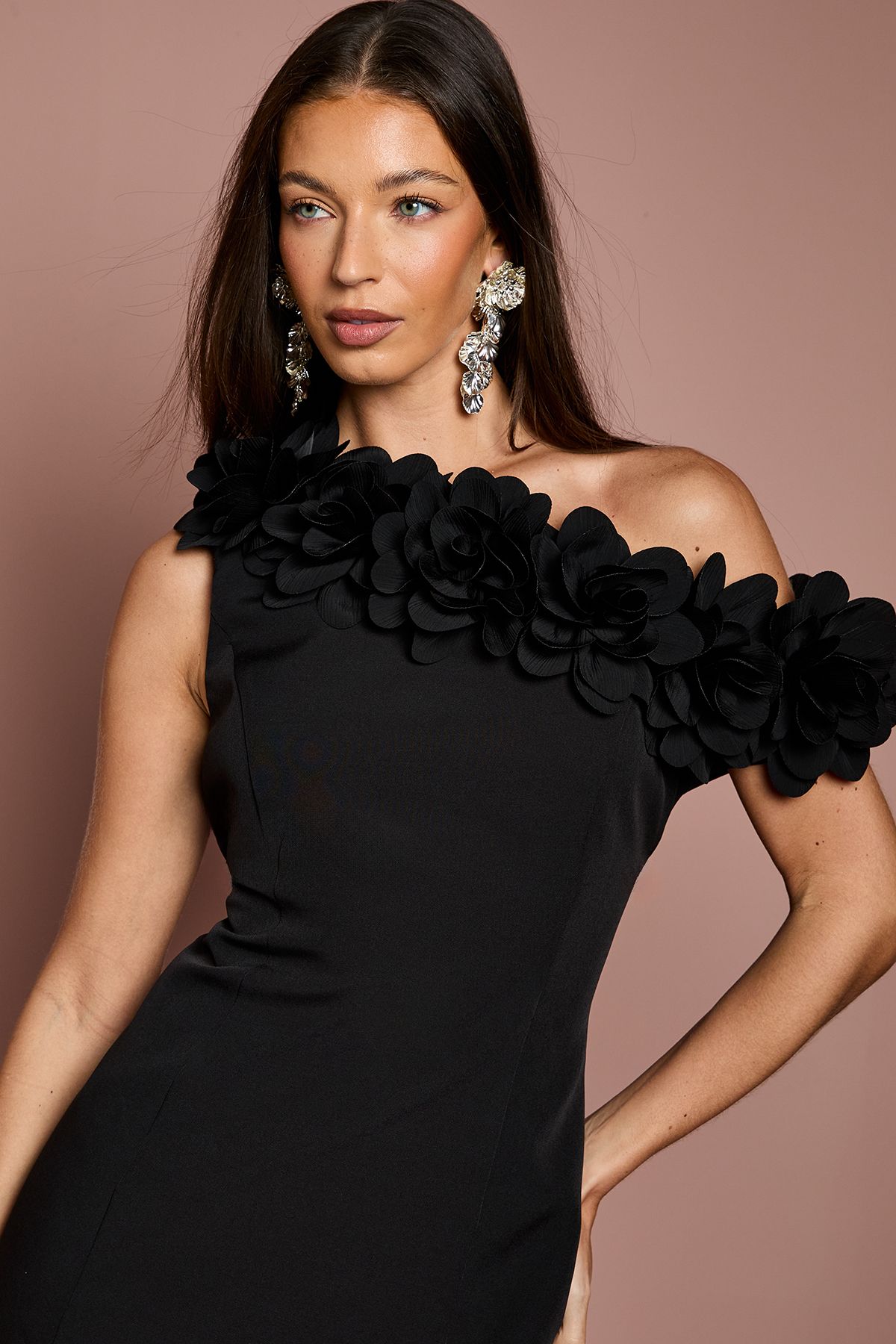 Coast 3D Floral One Shoulder Mini Dress Black image 2