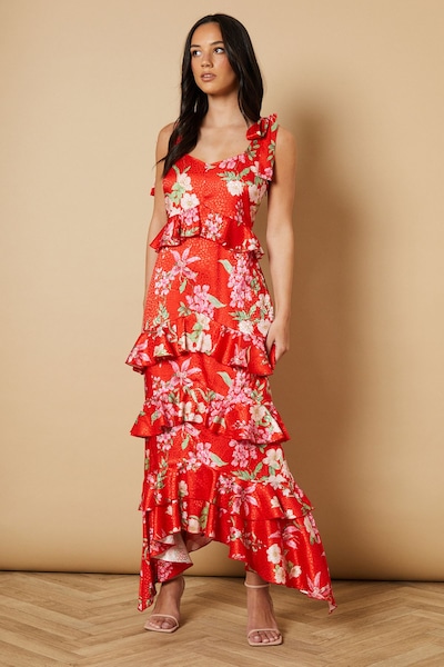Oasis Printed Satin Jacquard Tiered Midi Dress Red