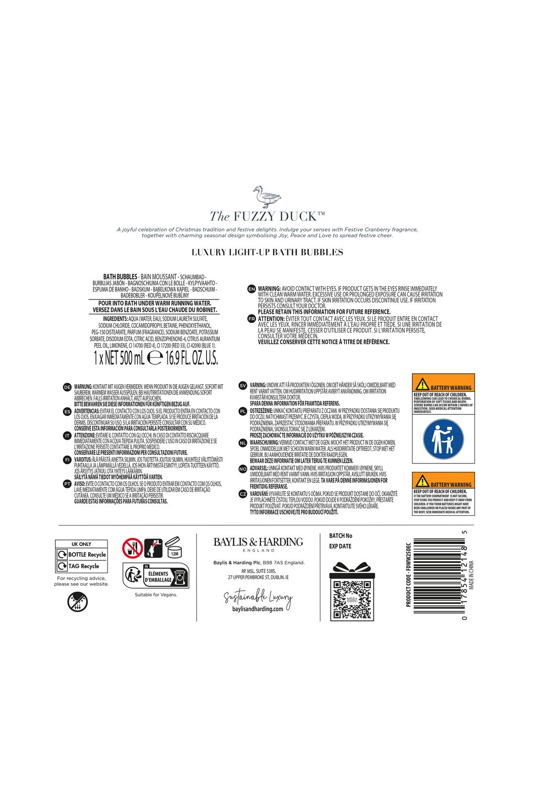 Baylis & Harding The Fuzzy Duck Winter Wonderland Light Up Bath Bubbles Decanter Gift Multi image 7