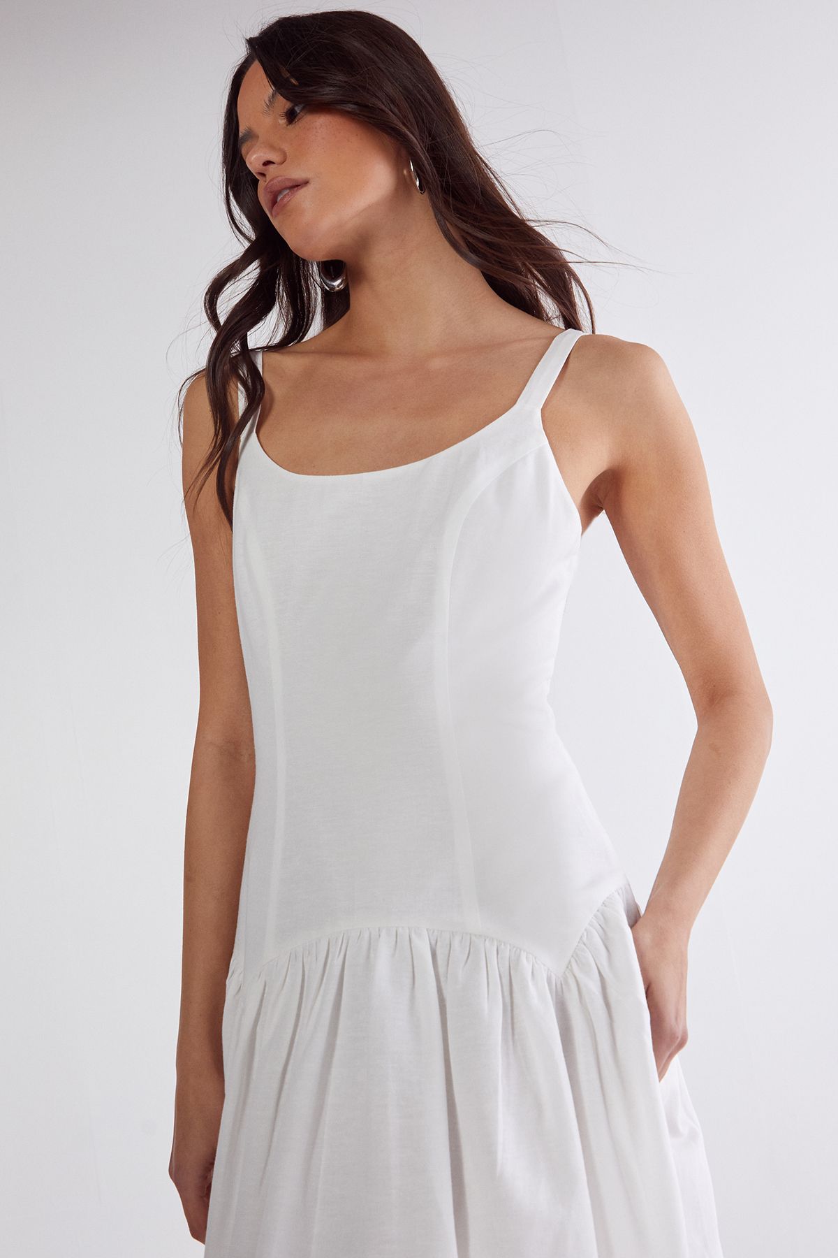 NastyGal Linen Mix Drop Waist Seamed Midi Dress White image 3