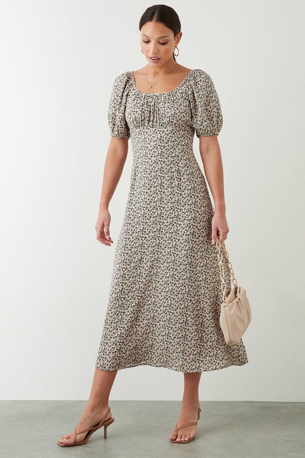 Dorothy Perkins Ditsy Floral Ruched Scoop Neck Midi Dress Ivory image 2