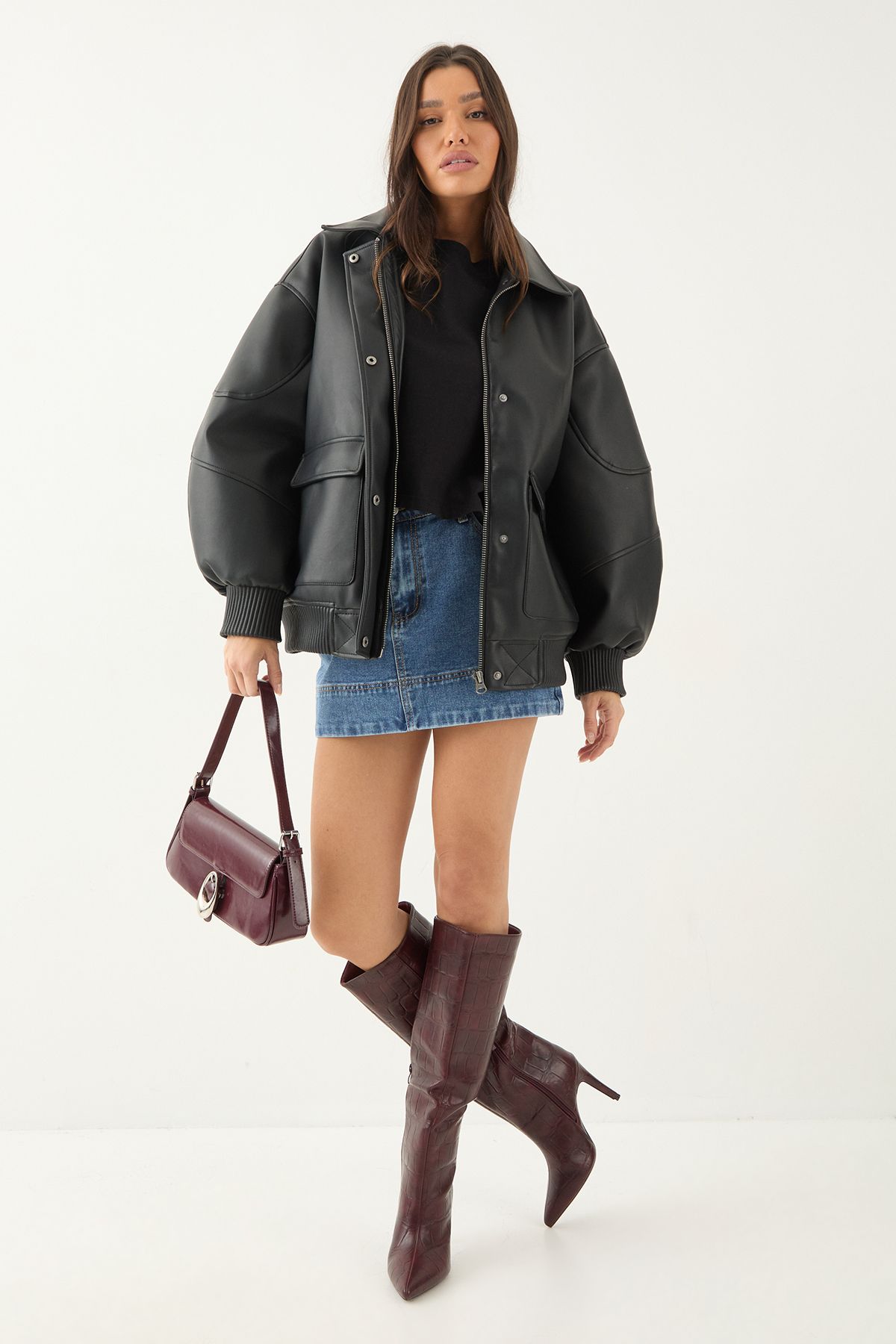 MissPap Faux Croc Print Leather Pointed High Stiletto Knee Boots Burgundy image 2