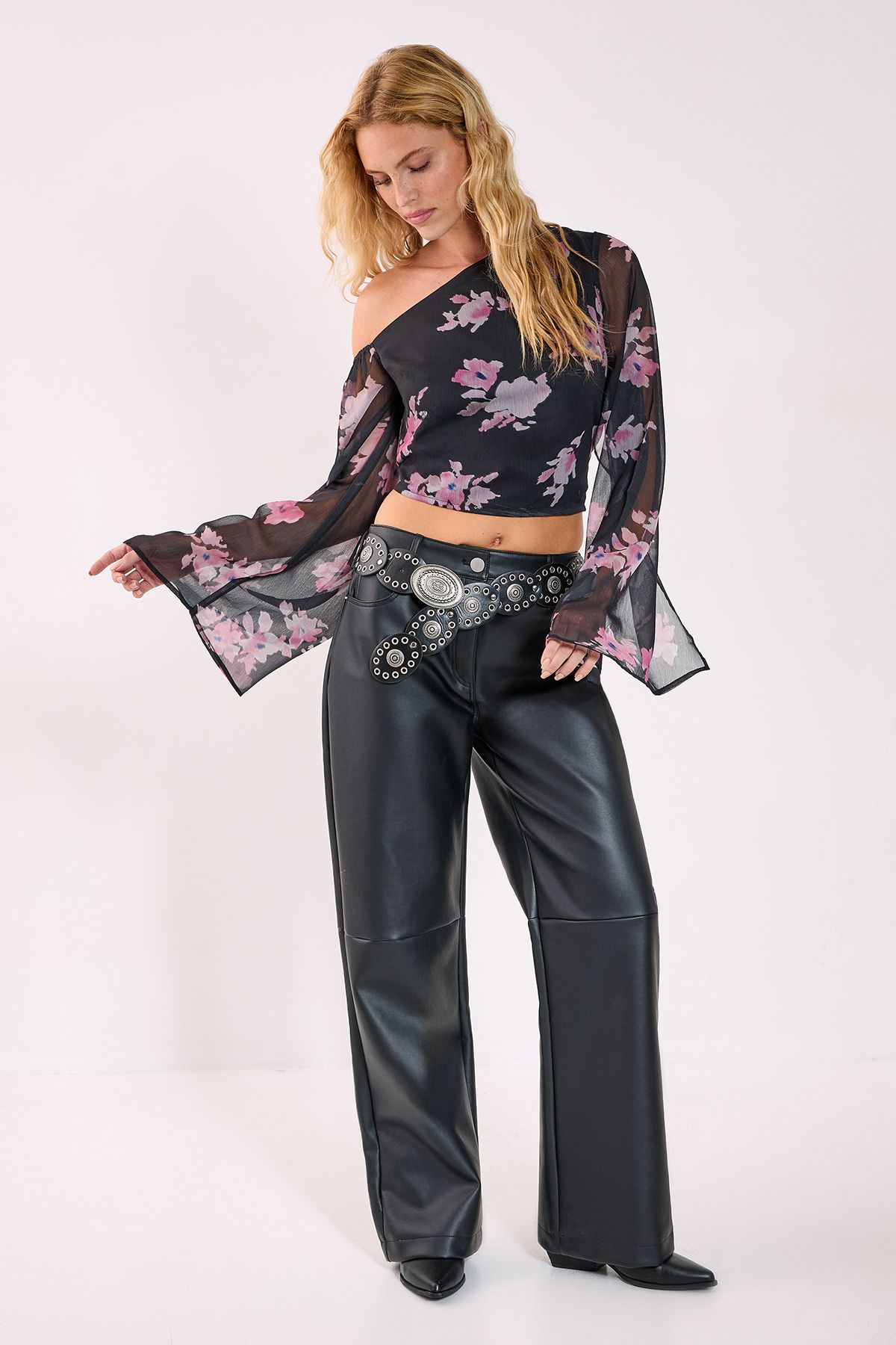 NastyGal Floral Chiffon Off The Shoulder Wide Sleeve Top Black image 1
