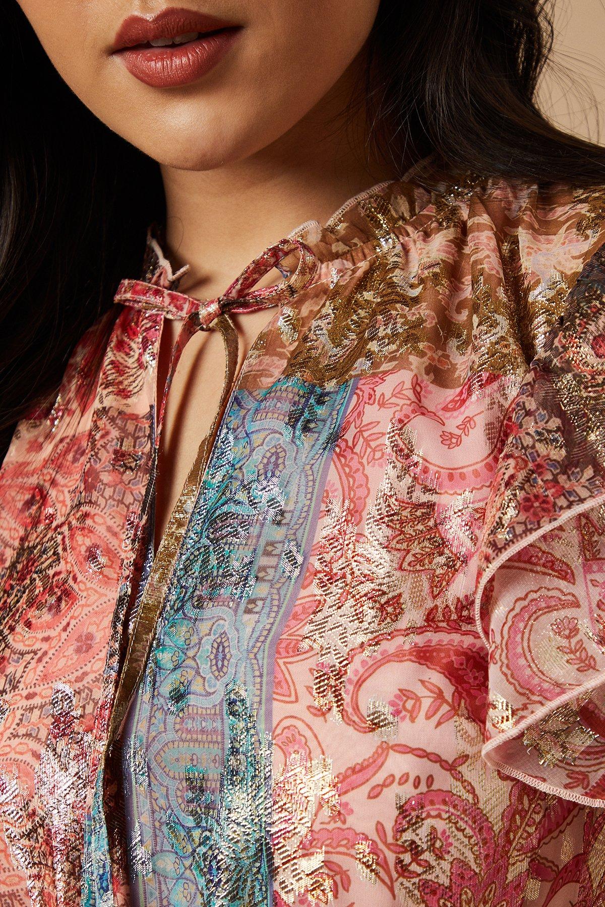 Oasis Patchwork Print Metallic Jacquard Tiered Midi Dress Multi image 5