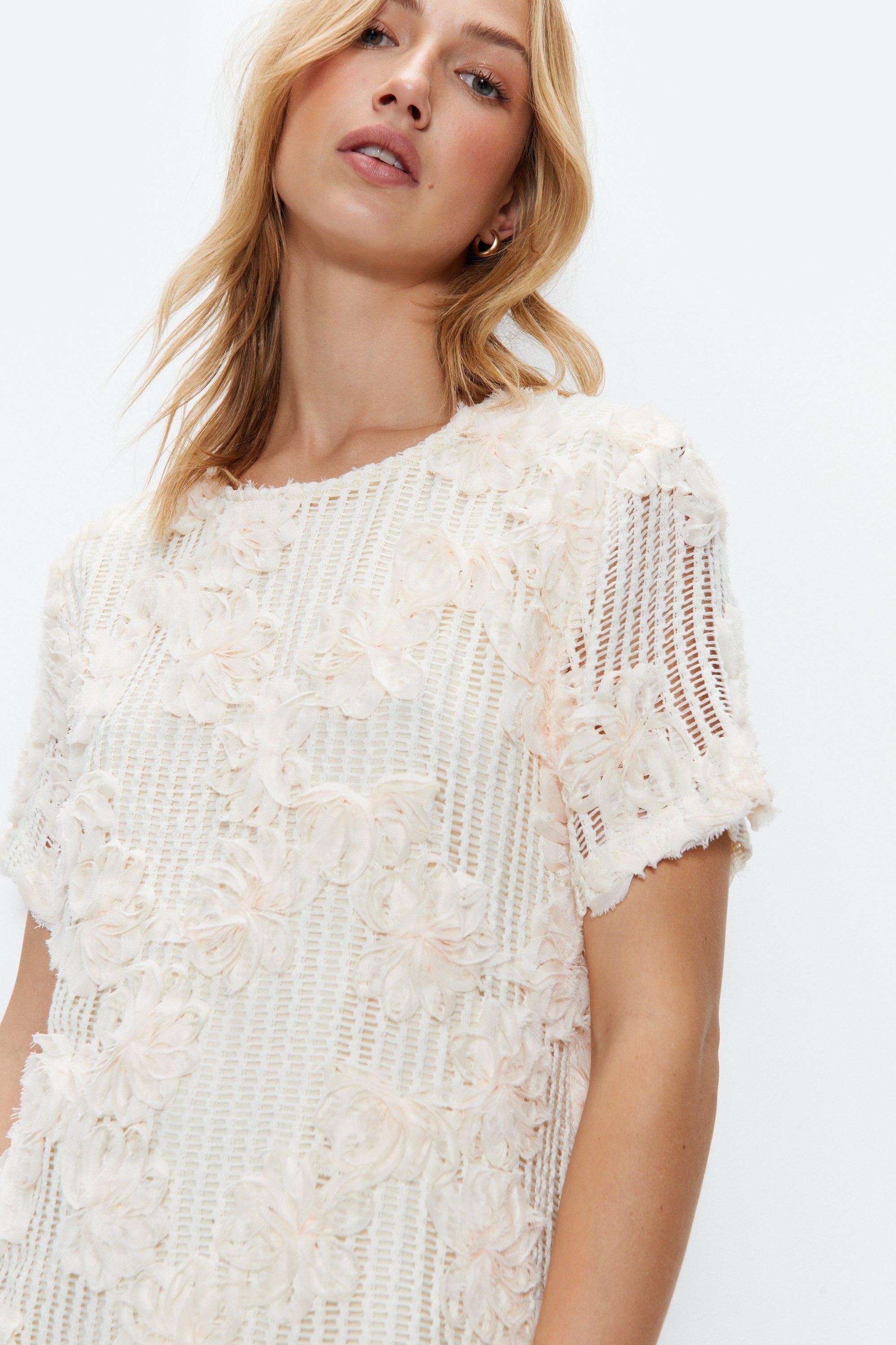 Warehouse Floral Embellished Detail T-shirt Ecru image 3