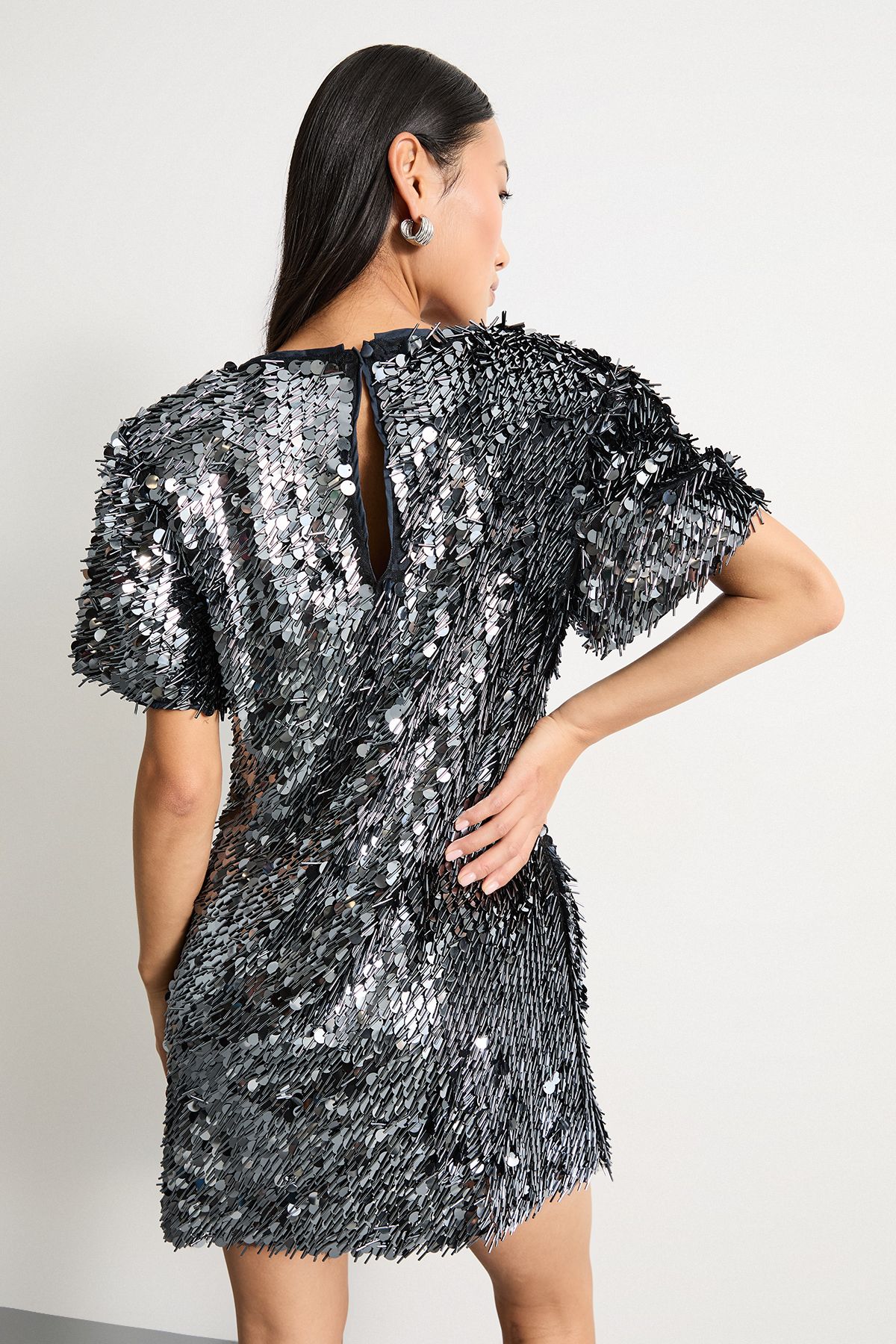 Warehouse Petite Premium Dense Sequin Extreme Shoulder Mini Dress Gun Metal image 3