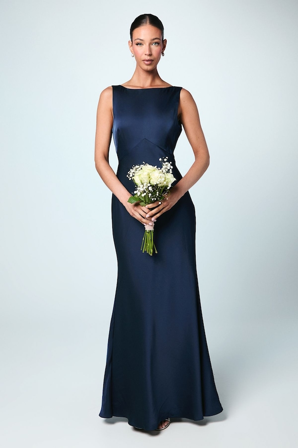 Coast Satin V Back Maxi Bridemaid Dress with Back Sash Detail Navy