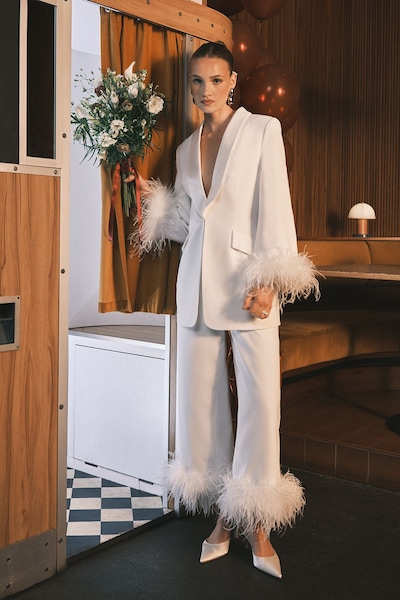 Coast Feather Trim Single Breasted Tux Style Wedding Blazer Ivory