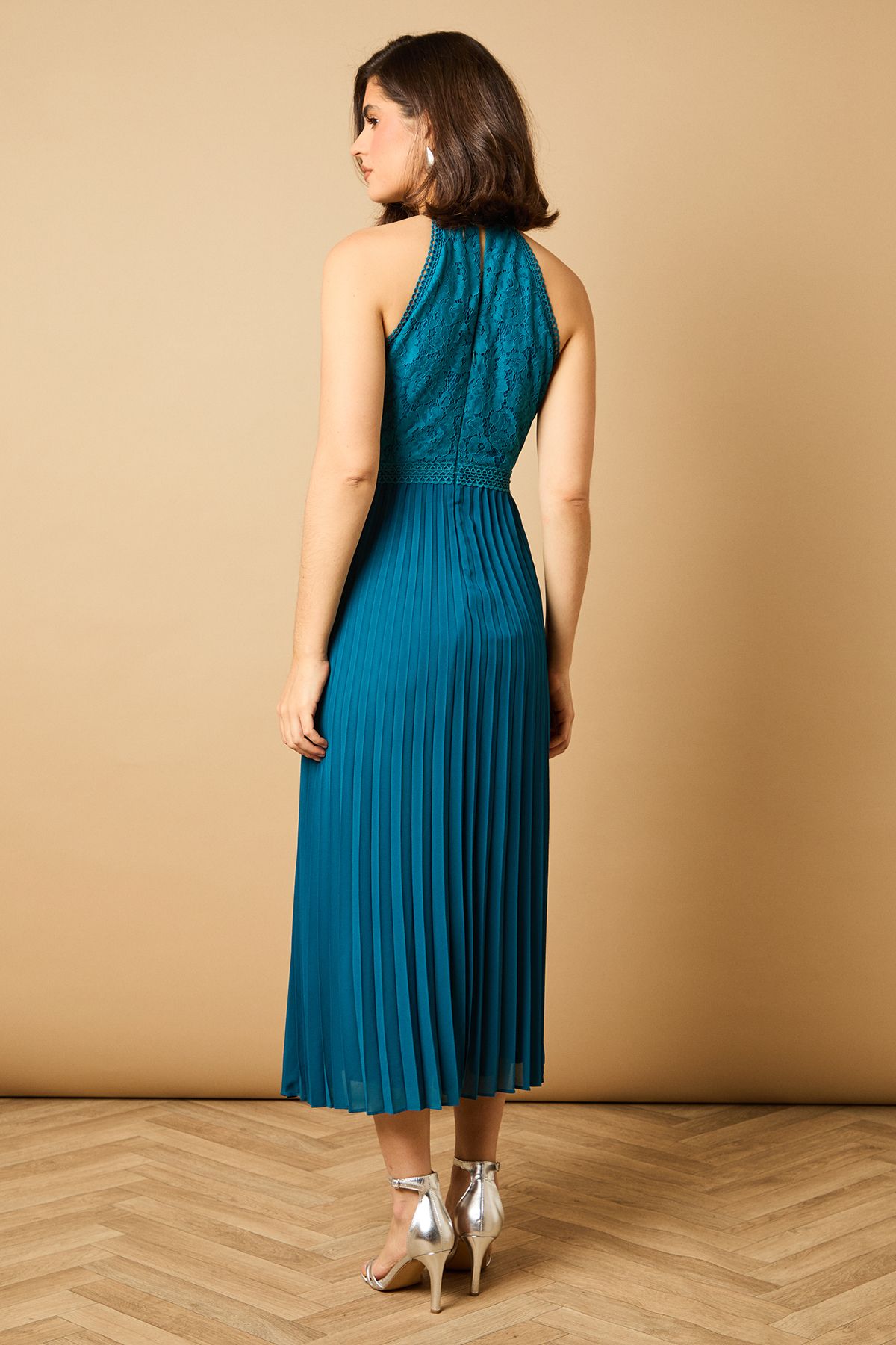 Oasis Plain Lace Mix Halterneck Midi Dress Teal image 4