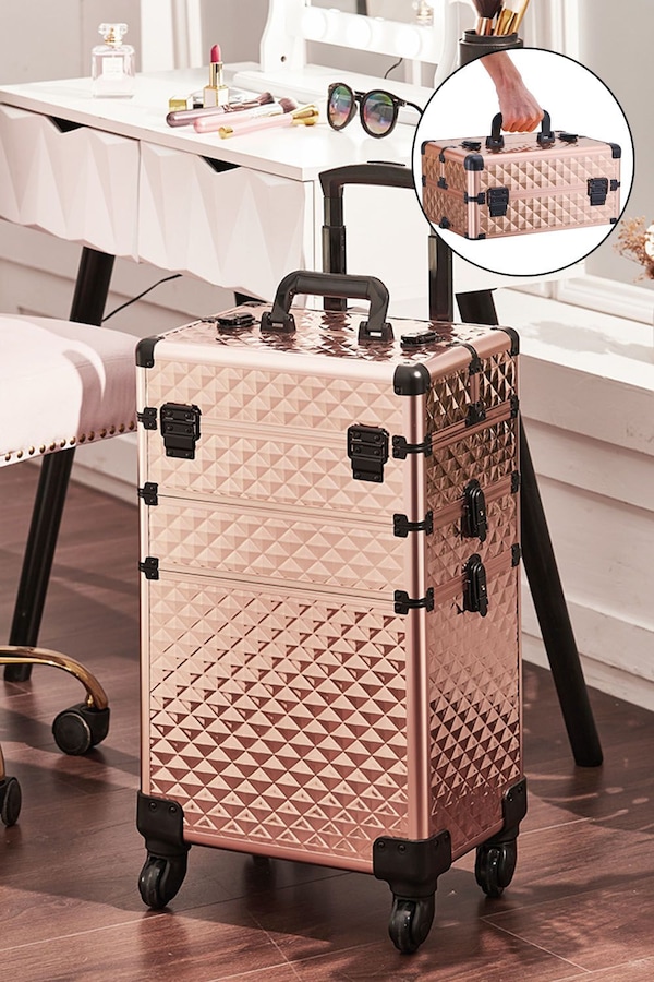 Living and Home 3 in 1 Portable Rolling Makeup Train Case Professional Large Storage Cosmetic Trolley