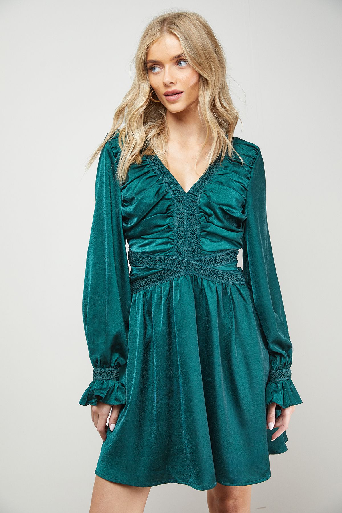 Oasis Lace Trim Gathered V Neck Mini Dress Forest image 4