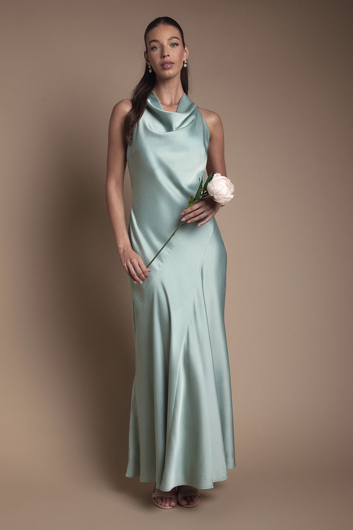 Oasis Cowl Halterneck Satin Maxi Bridesmaid Dress Sage