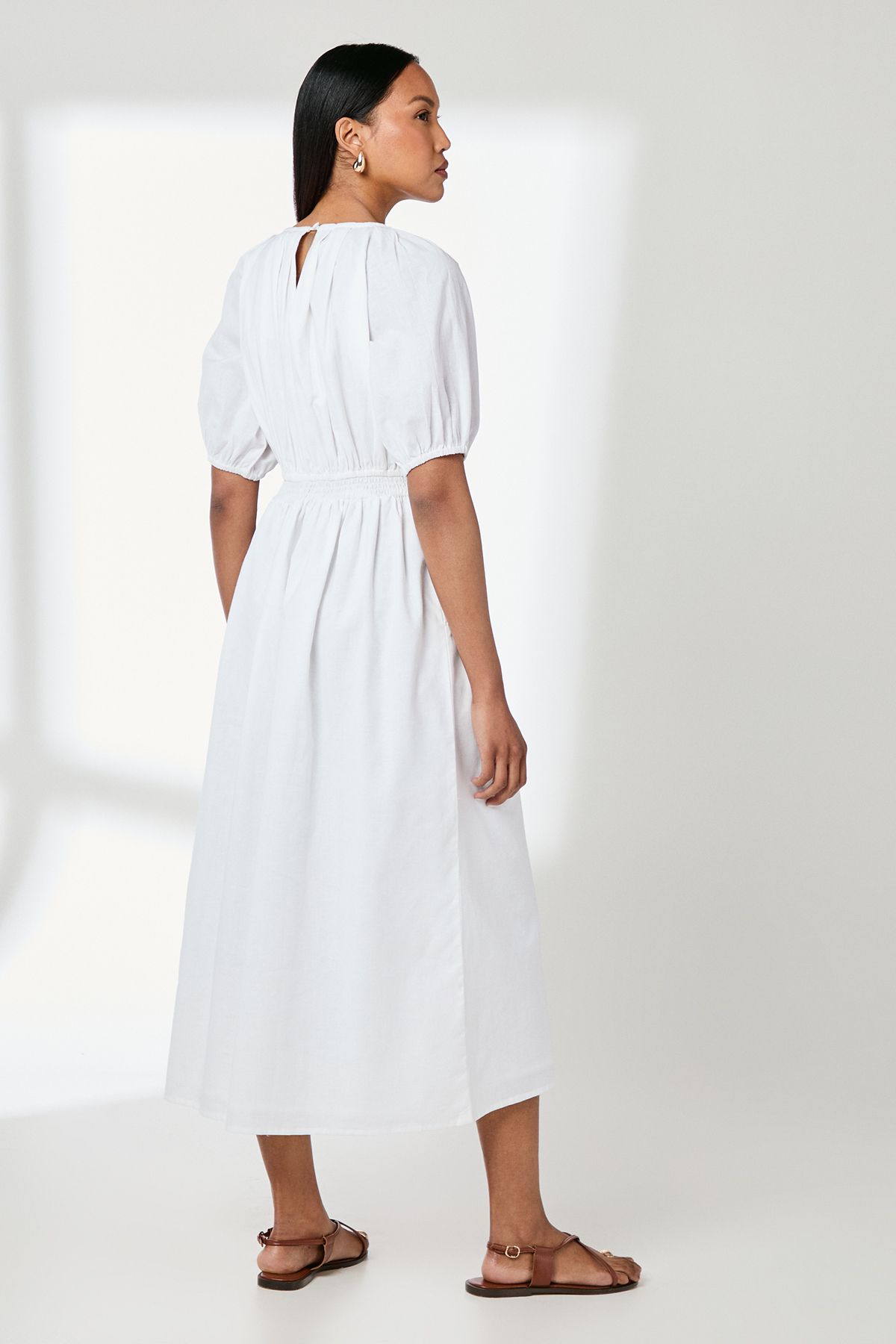 Principles Puff Sleeve Waistband Detail Midi Dress White image 3