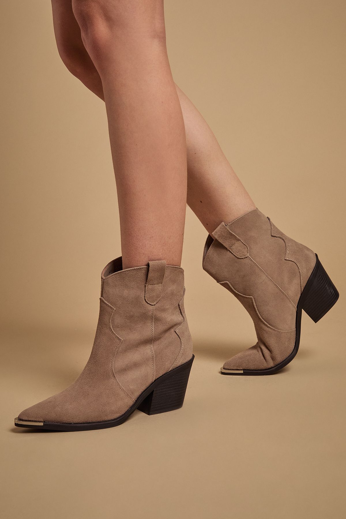 Oasis Tammy Real Suede Metal Trim Western Ankle Boots Beige image 1