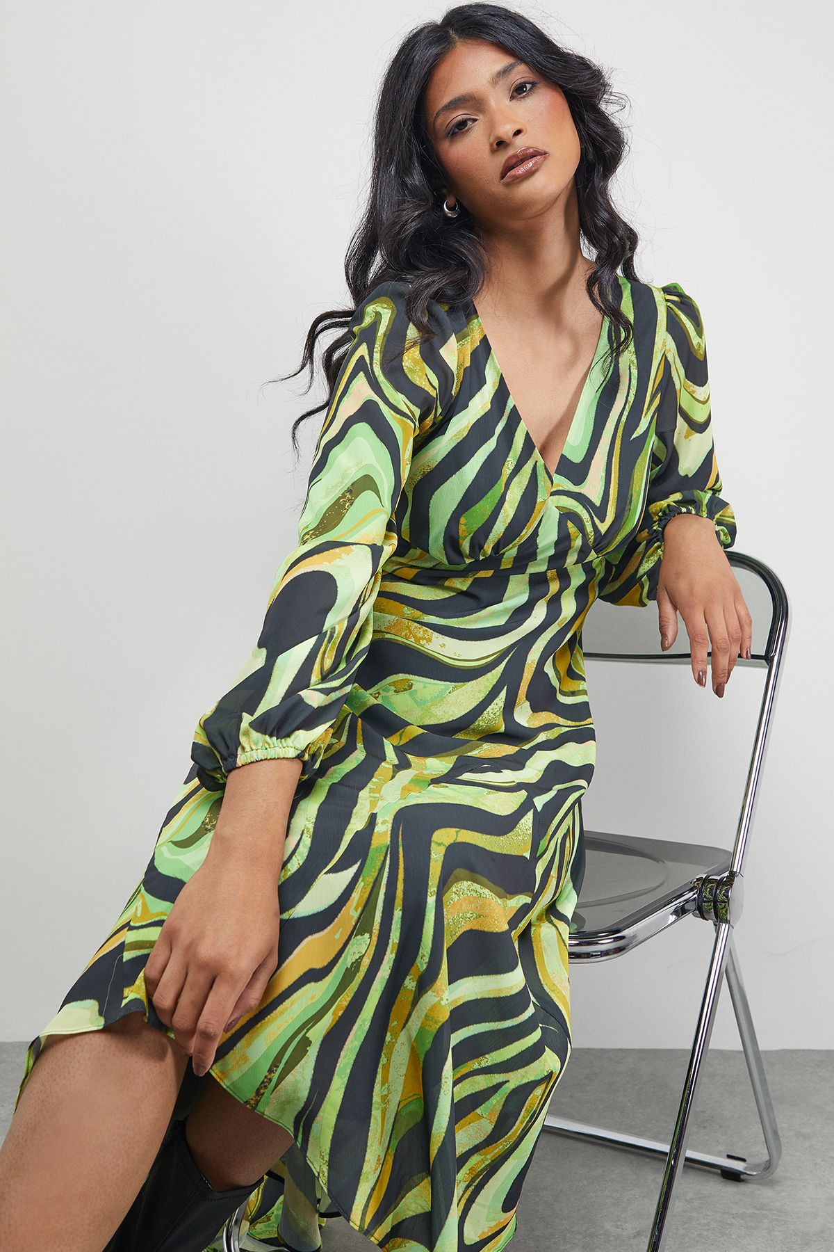 Warehouse Tony Chiffon Plunge Neck Asymmetric Hem Midi Dress Zebra image 3