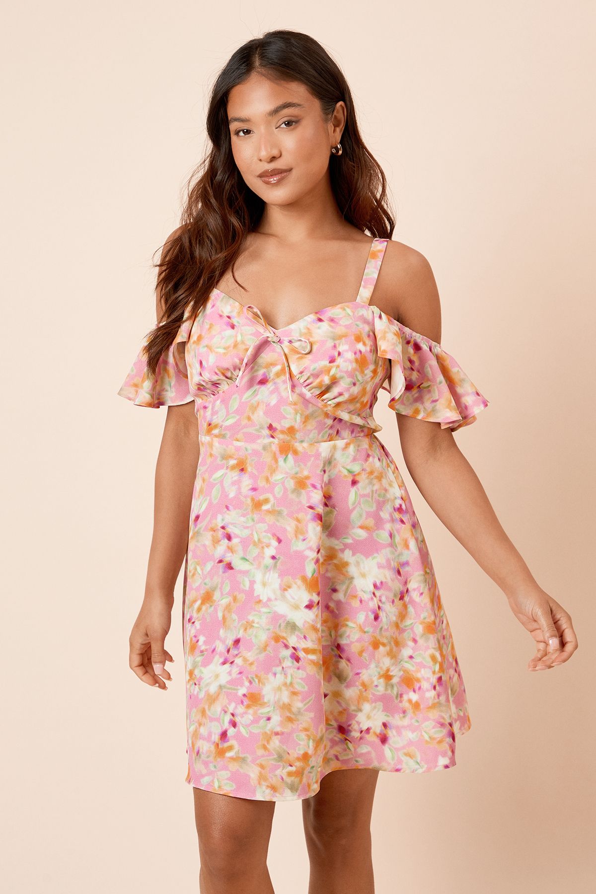 Dorothy Perkins Petite Floral Tie Front Cold Shoulder Mini Dress Floral image 2