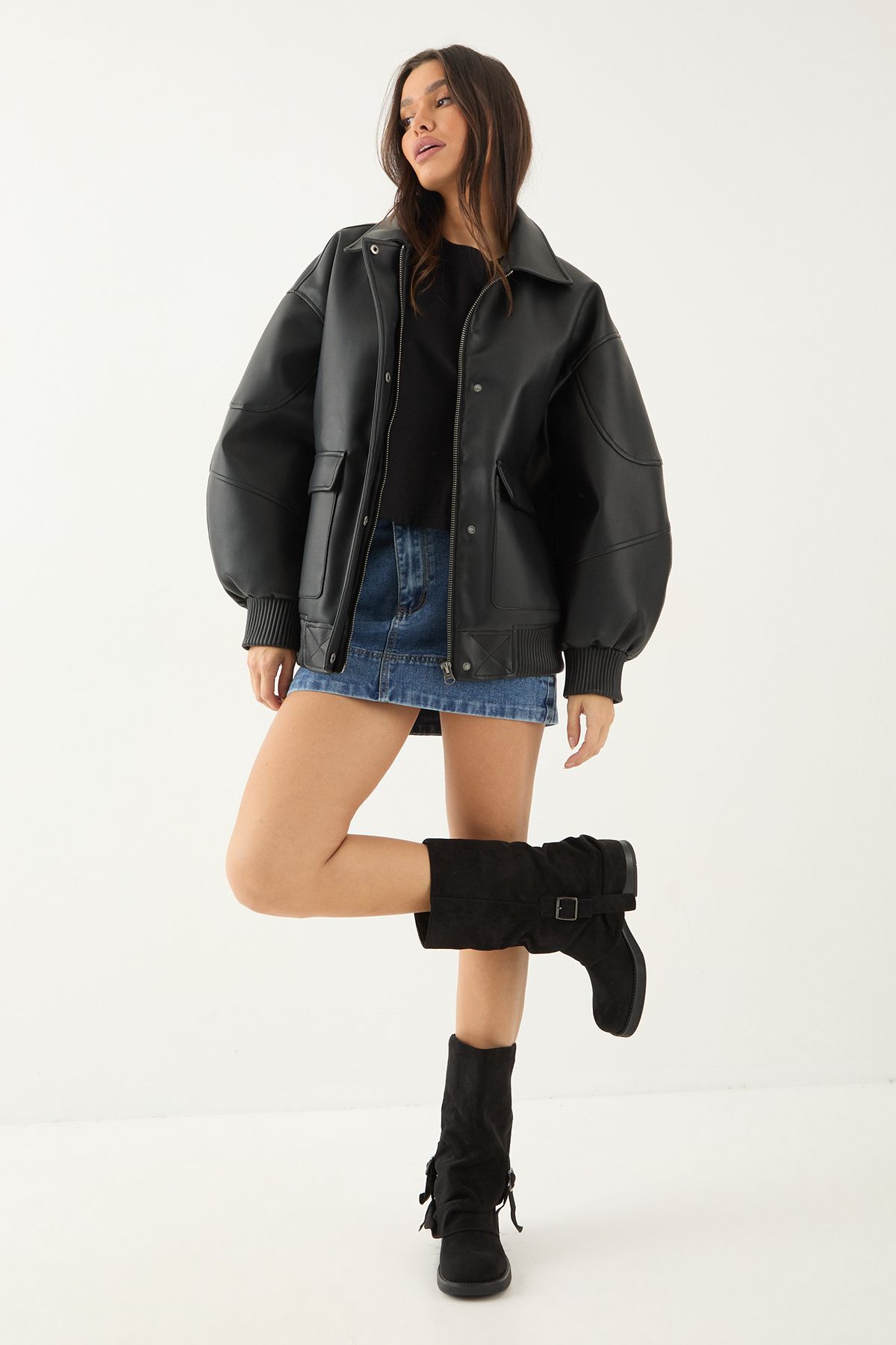 MissPap Faux Suede Sleeve Detail Chunky Calf Boots Natural Black image 1