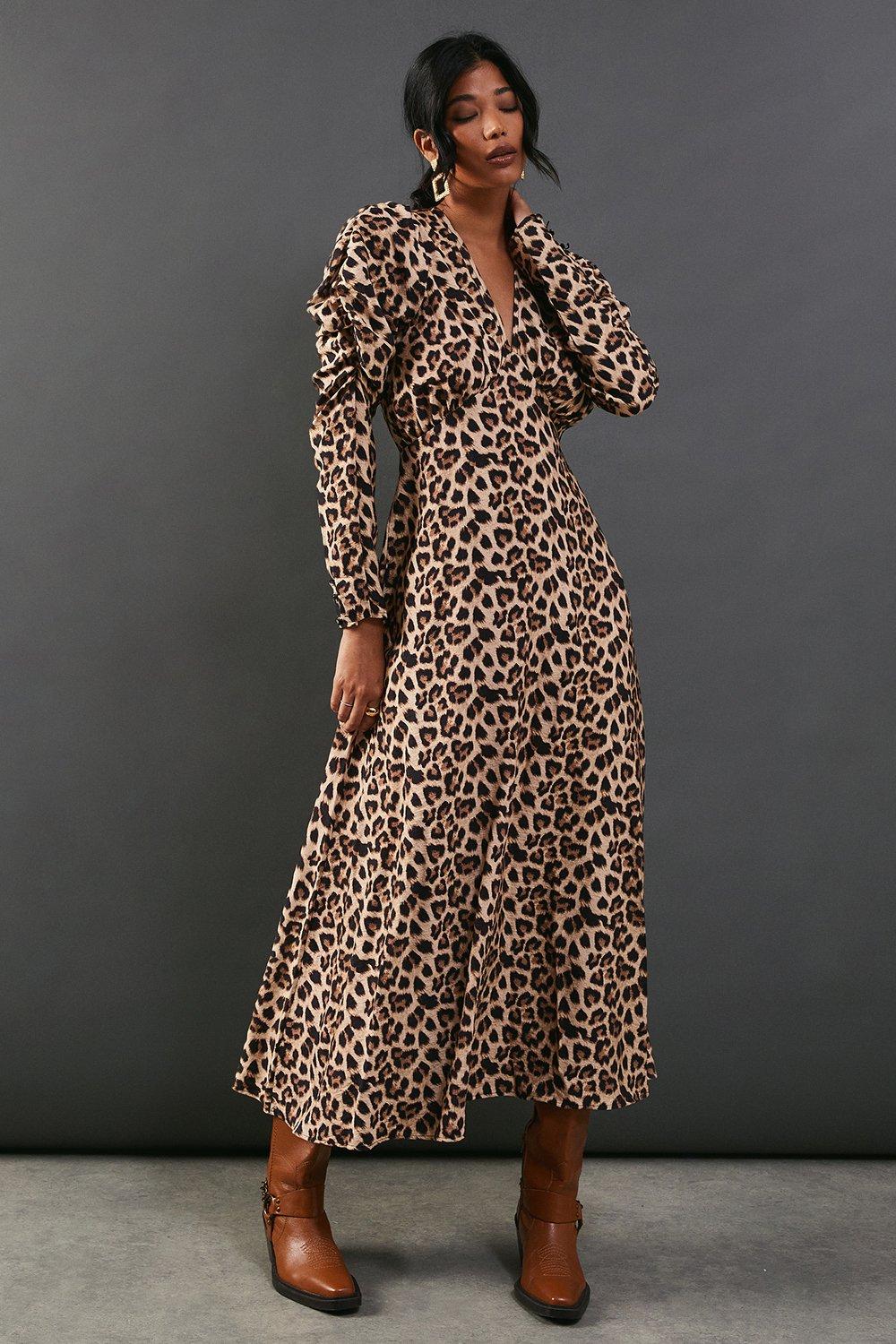 Print Midi Warehouse Animal Print Wrap Dress Short Sleeve