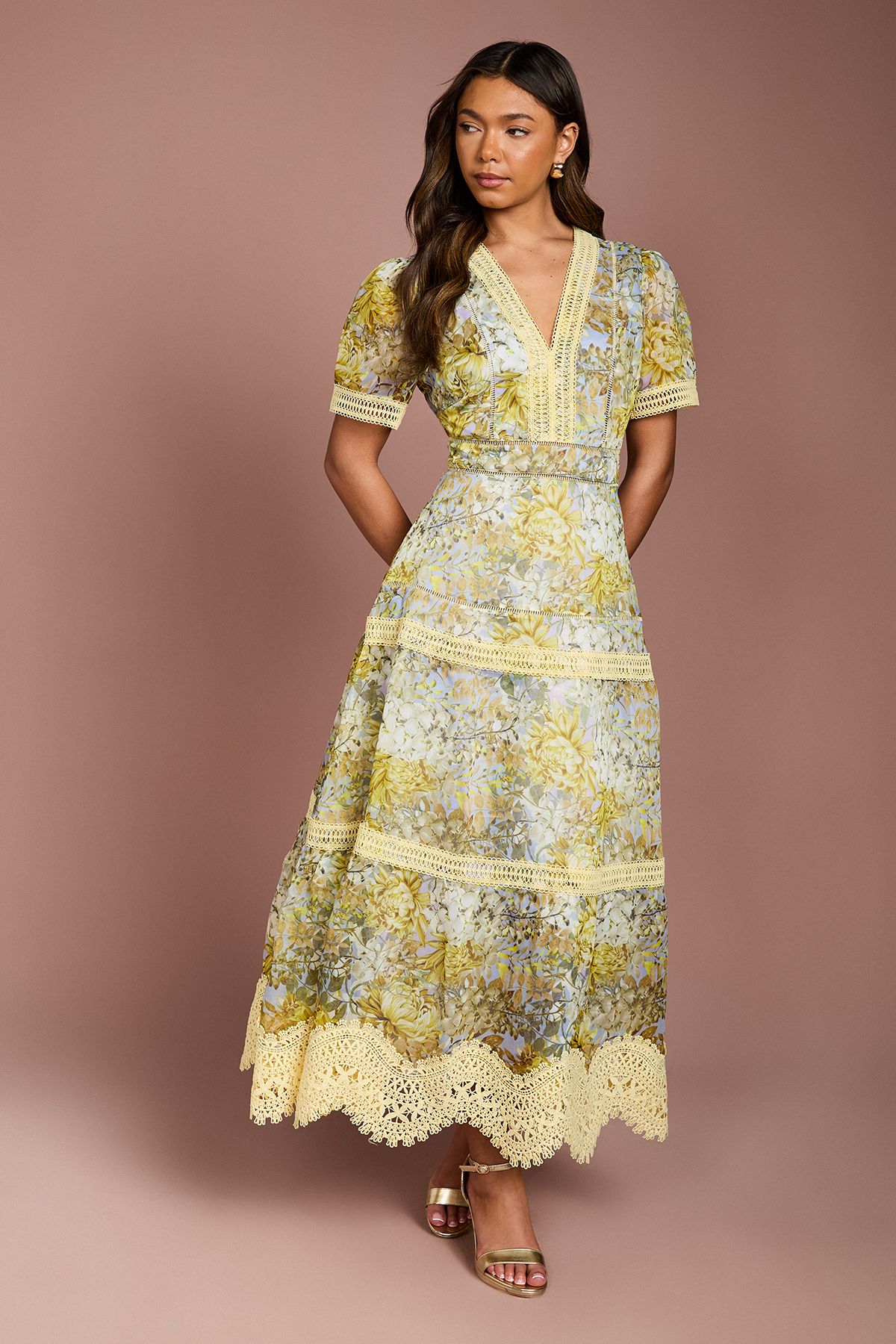 Coast Lace Trim Printed Organza Midi Dress Green