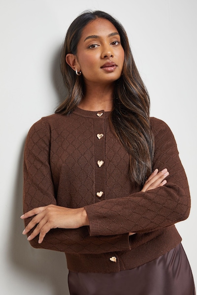 Oasis Heart Button Crew Neck Cardigan Chocolate