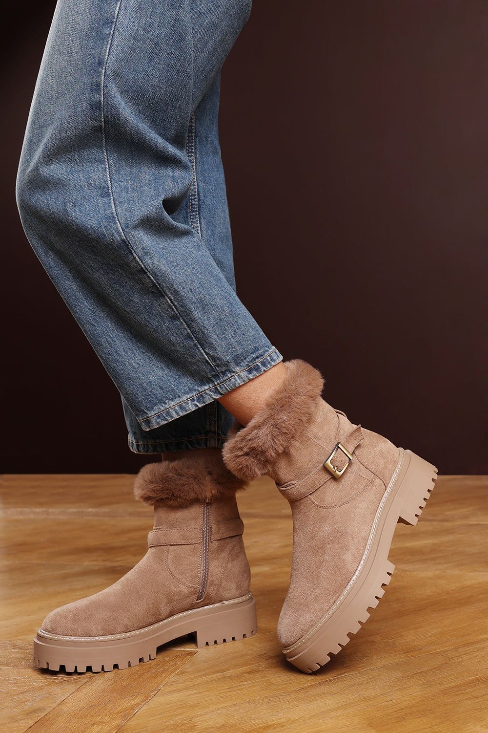 Where's That From 'Rayne' Suede Low Heel Ankle Boots with Faux Fur Cuff Buckle Detail image 6