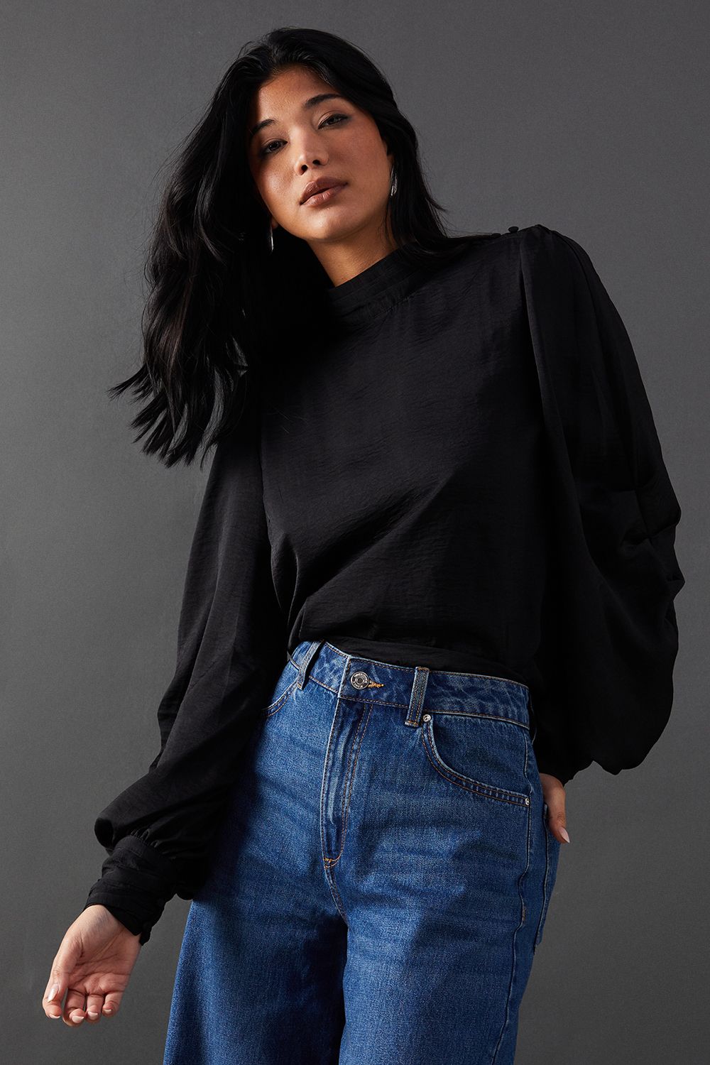 Warehouse Premium Satin High Neck Pleat Detail Blouse Black image 1