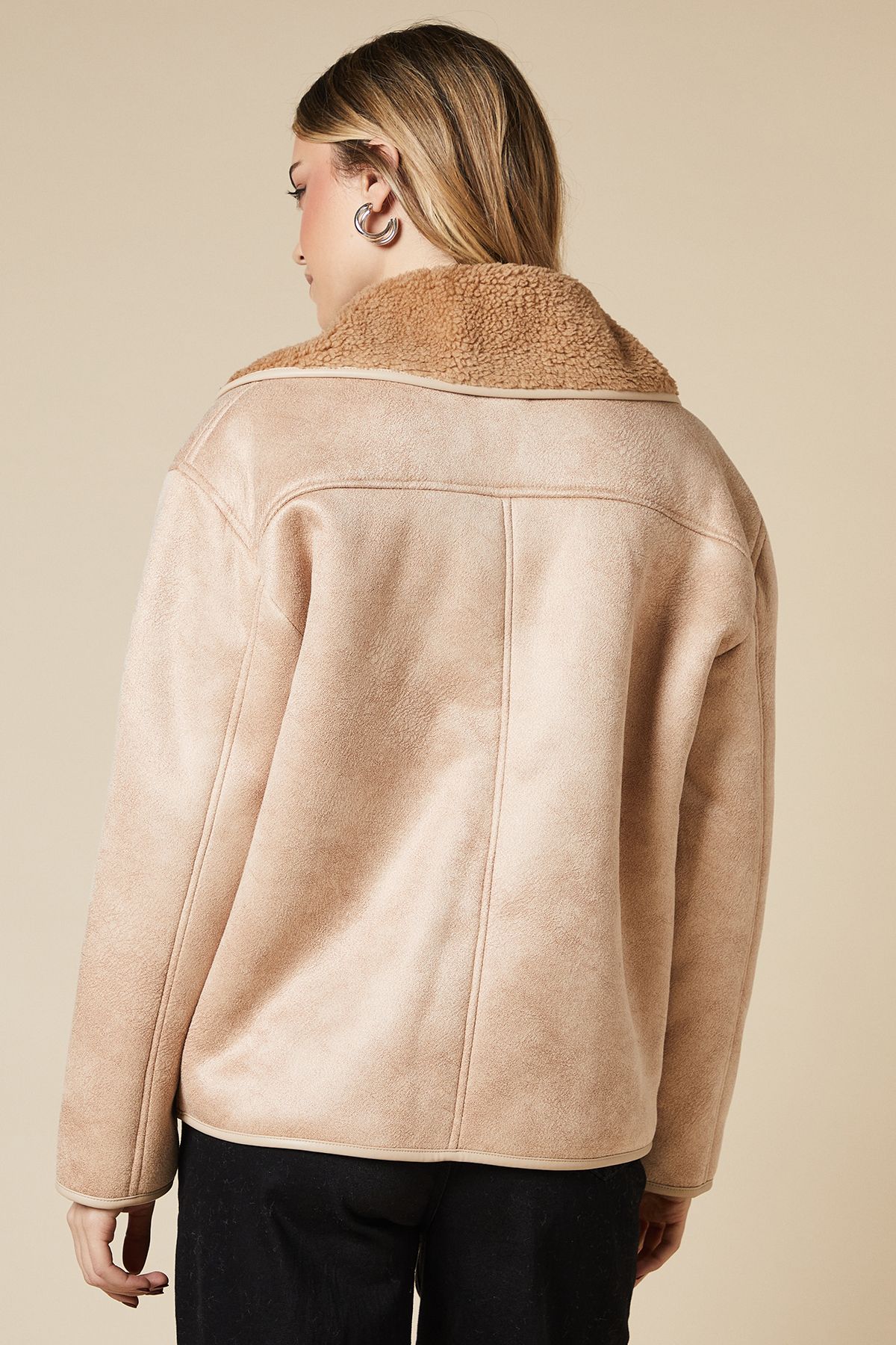 Dorothy Perkins Button Through Borg Aviator Jacket Taupe image 3