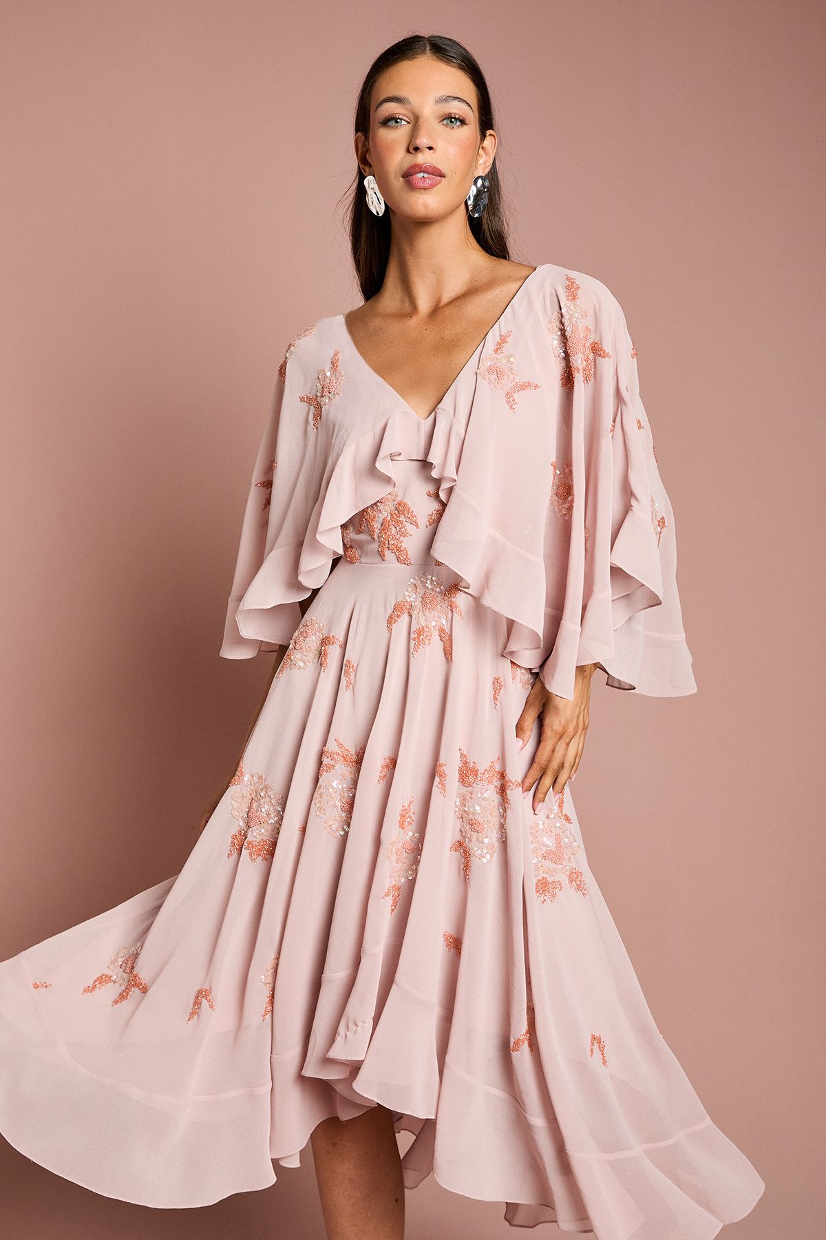 Coast Embellished Frill Cape Midi Dress Nude image 2