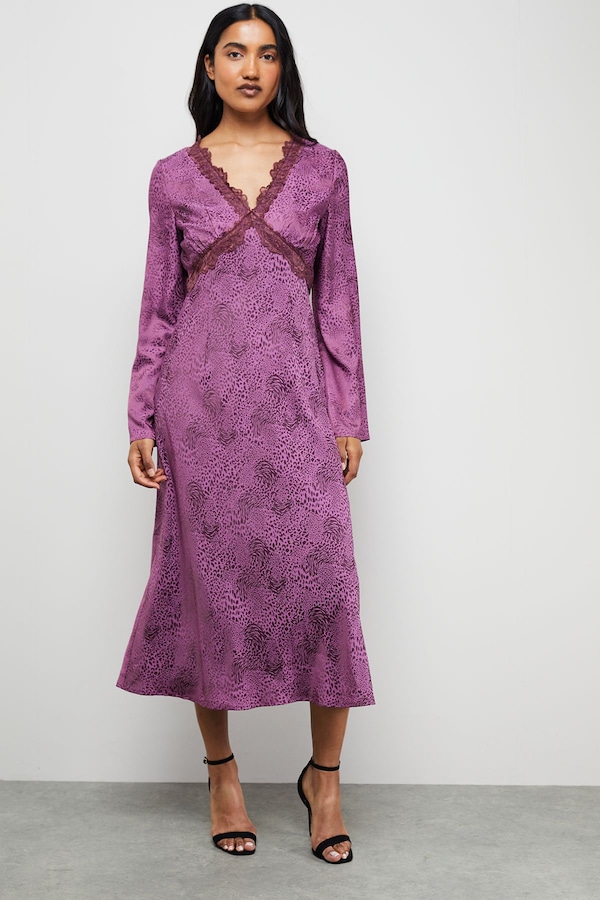 Warehouse Satin Jacquard Lace Insert Godet Midi Dress Animal