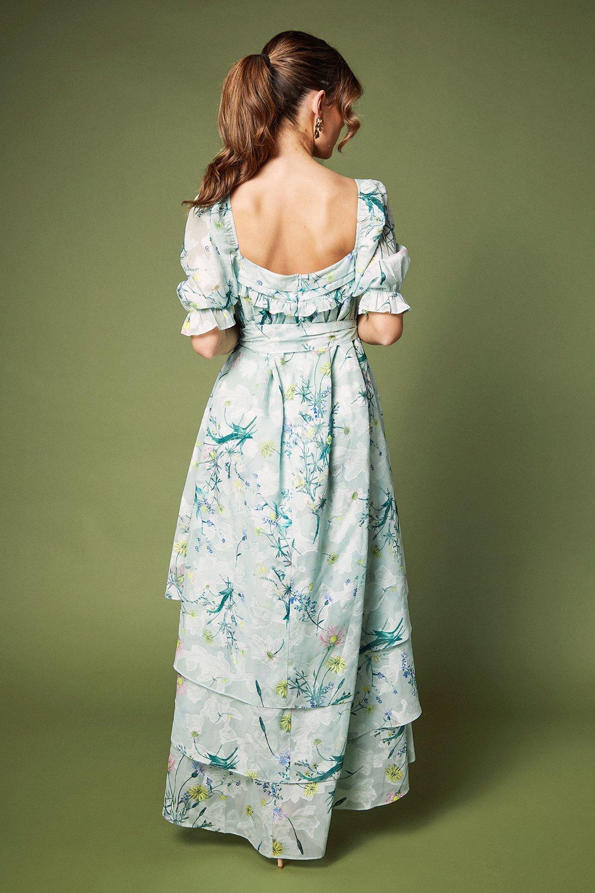Coast Short Puff Sleeve Printed Chiffon High Low Hem Dress With Tiers Green image 3