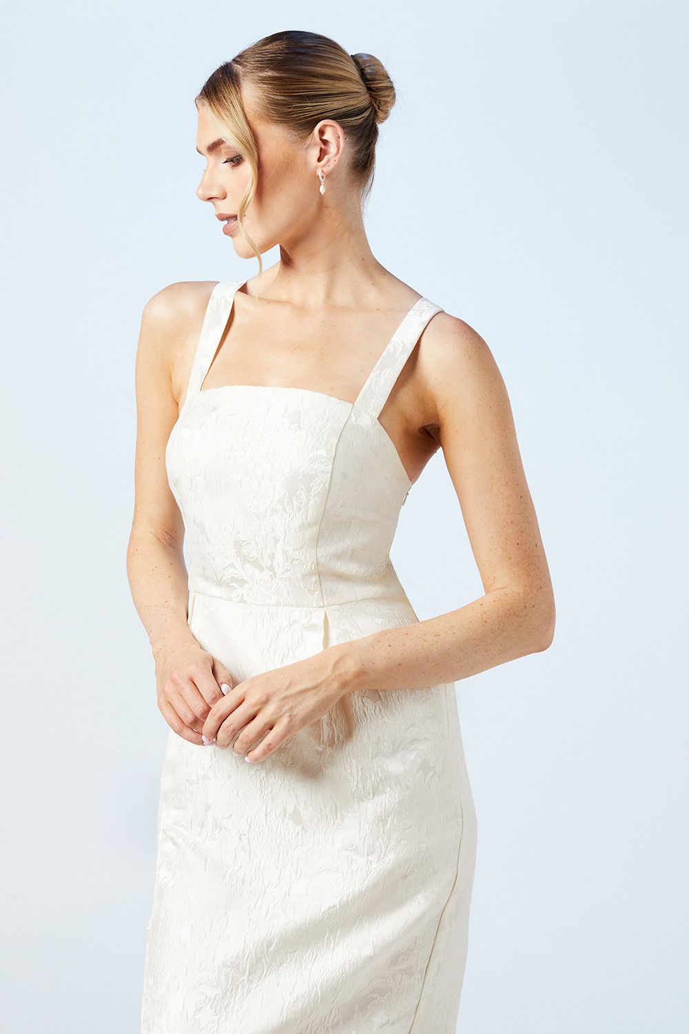 Oasis Cross Back Column Jacquard Wedding Dress With Bow Midi Detail Ivory image 2