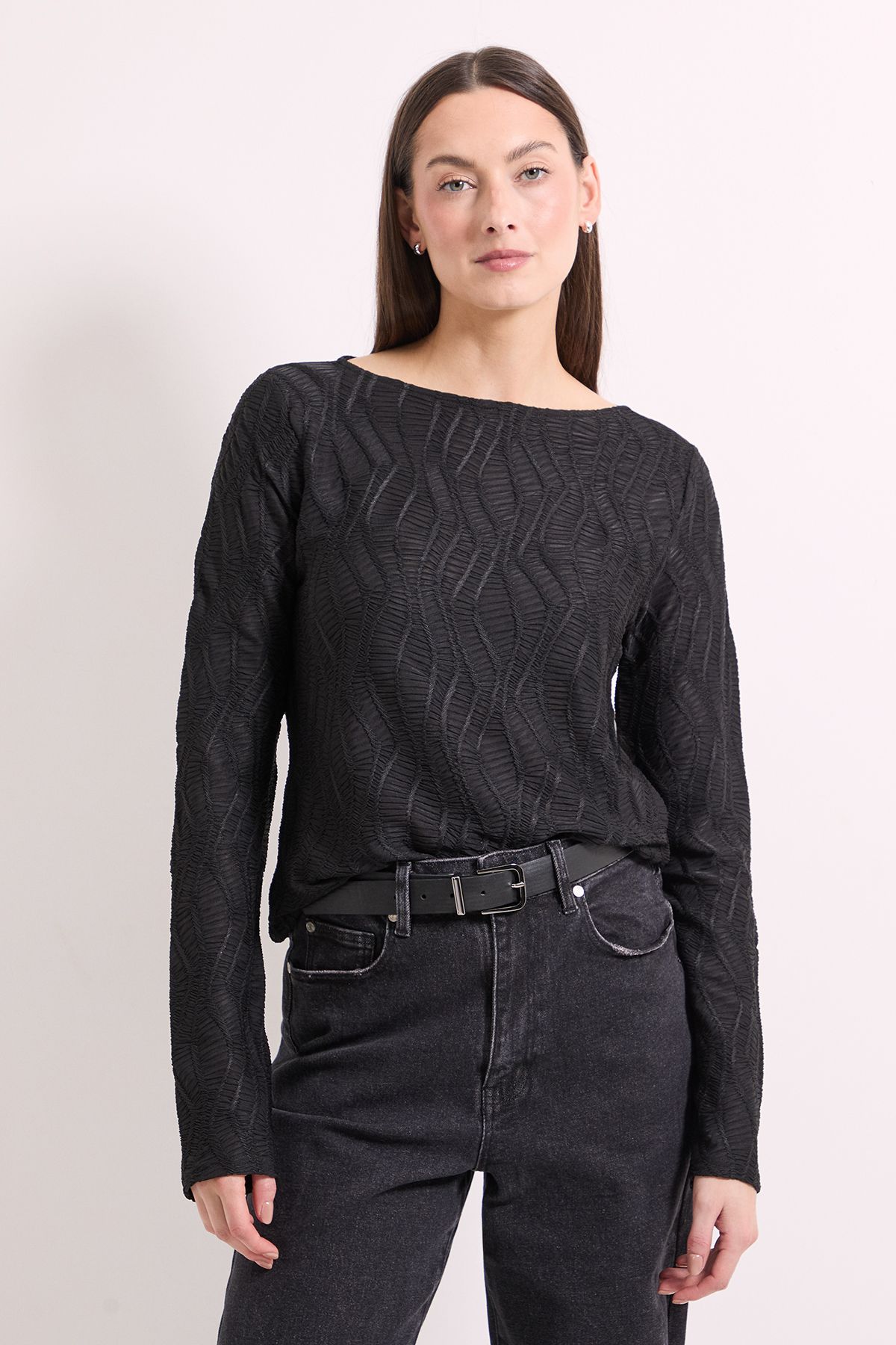 Principles Black Slash Neck With Pleated Side Seam Jersey Top Black