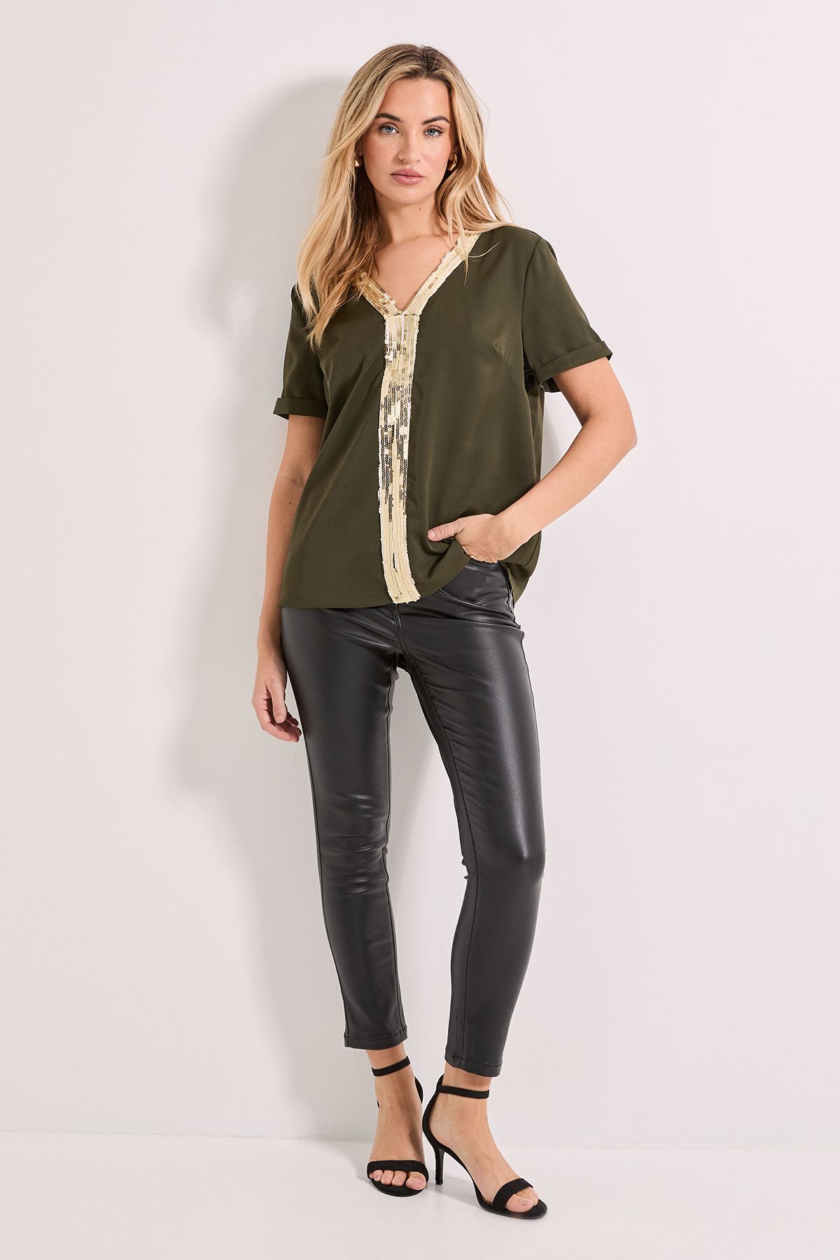 Dorothy Perkins V Neck Short Sleeve Sequin T-Shirt Khaki image 2