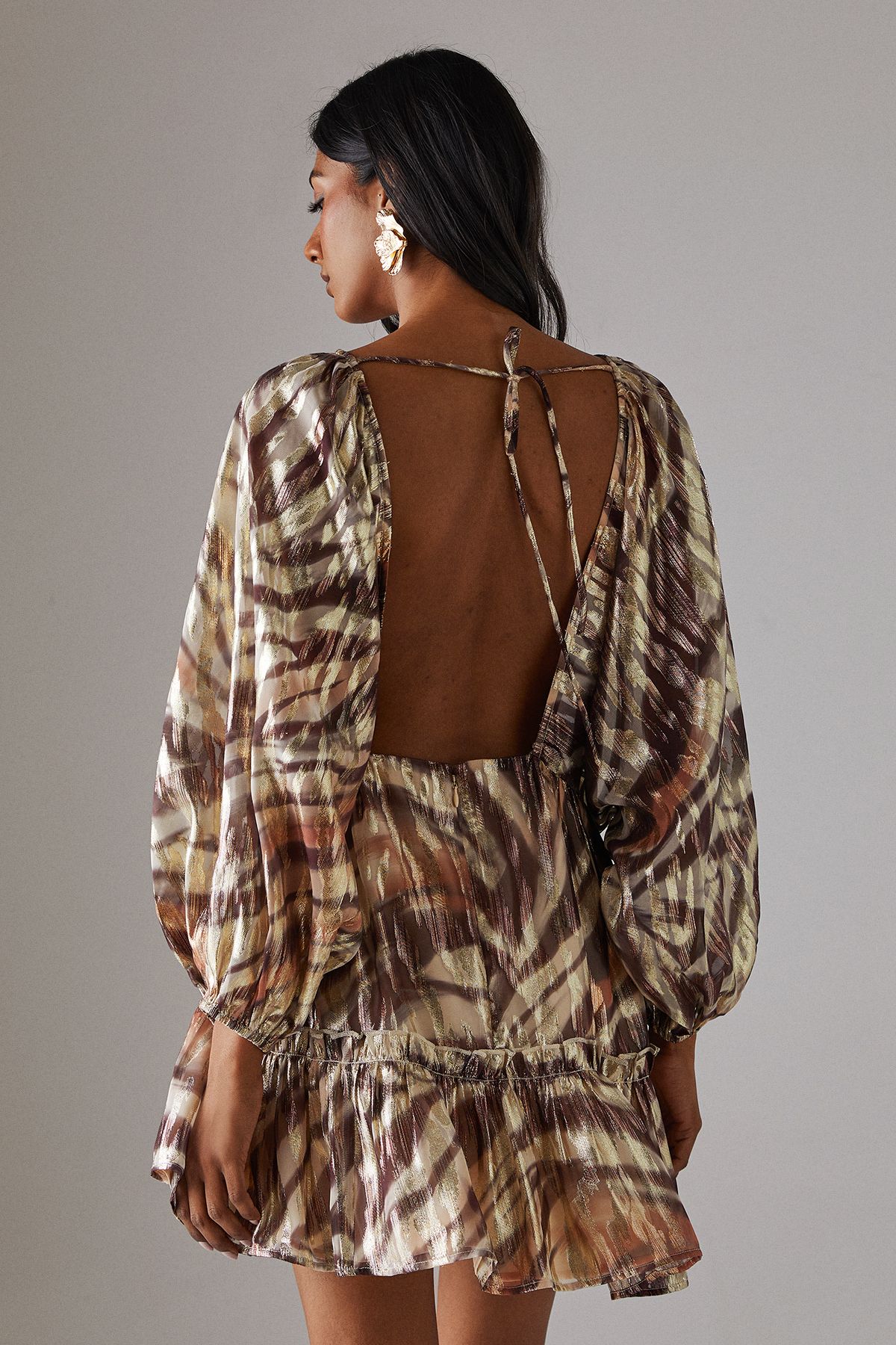 Warehouse Metallic Jacquard Volume Sleeve Mini Dress Zebra image 3