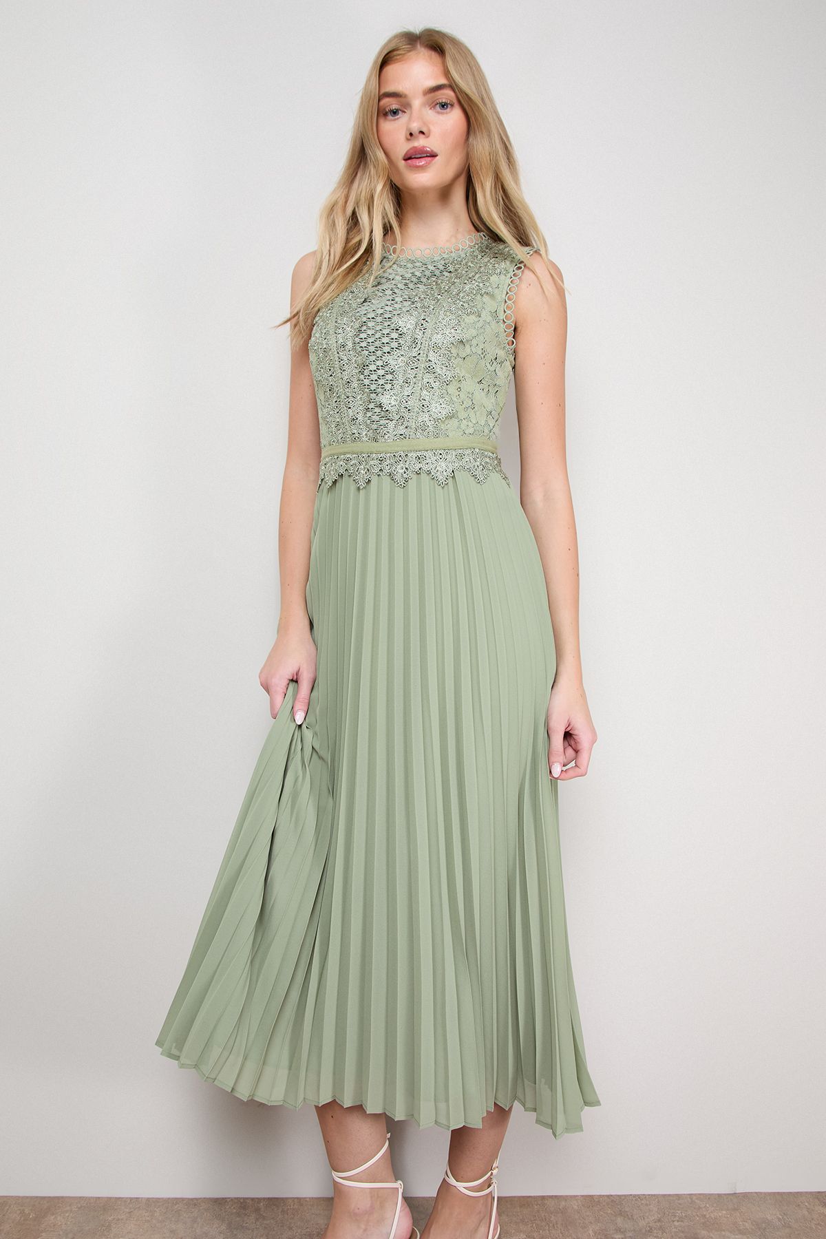 Oasis Lace Trim Detail Pleated Midi Dress Sage image 2