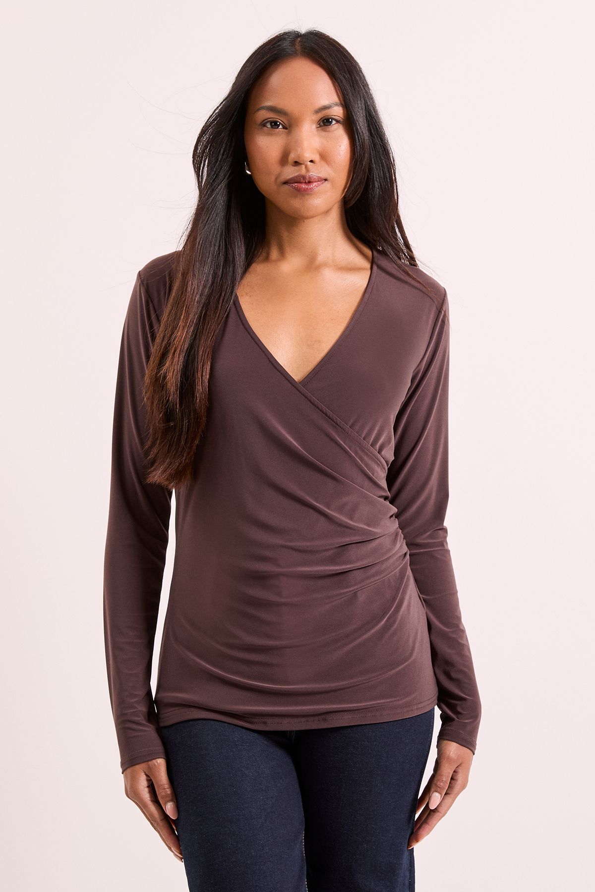 Principles Mocha Wrap Ruched Side Long Sleeve Jersey Top Mocha image 1