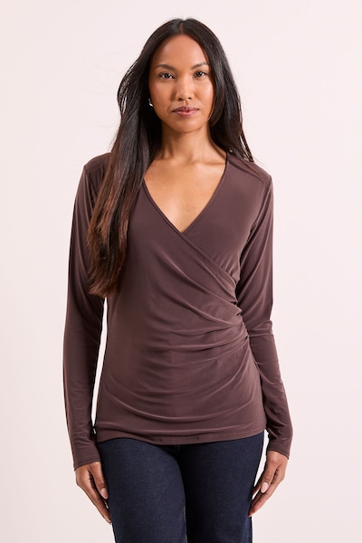 Principles Mocha Wrap Ruched Side Long Sleeve Jersey Top Mocha