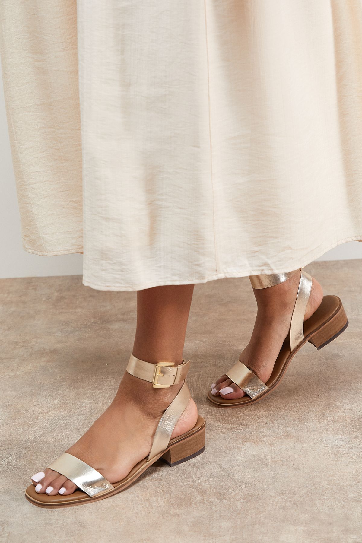 Oasis Gracie Real Leather Low Stacked Heeled Sandals Gold image 1