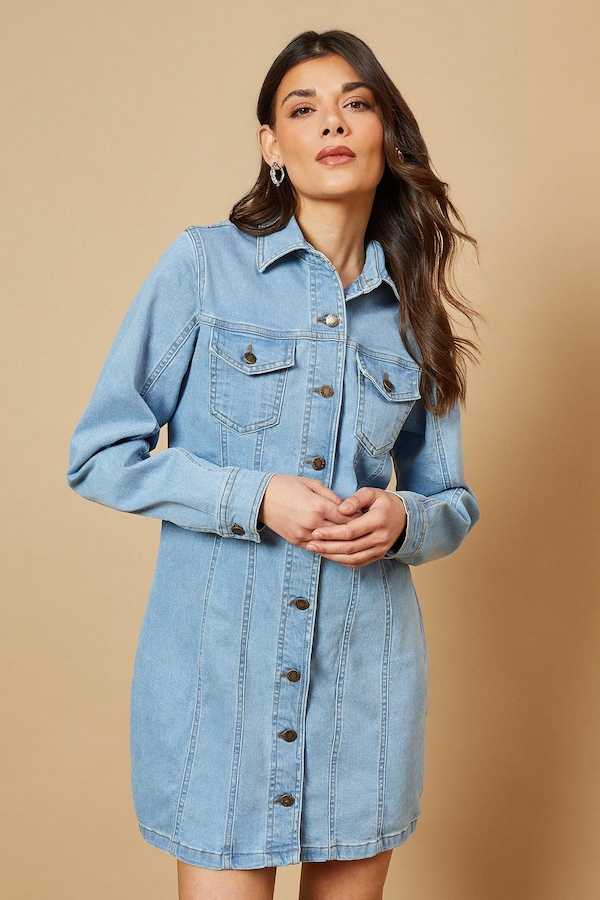 Oasis Long Sleeve Fitted Denim Mini Dress Light Wash