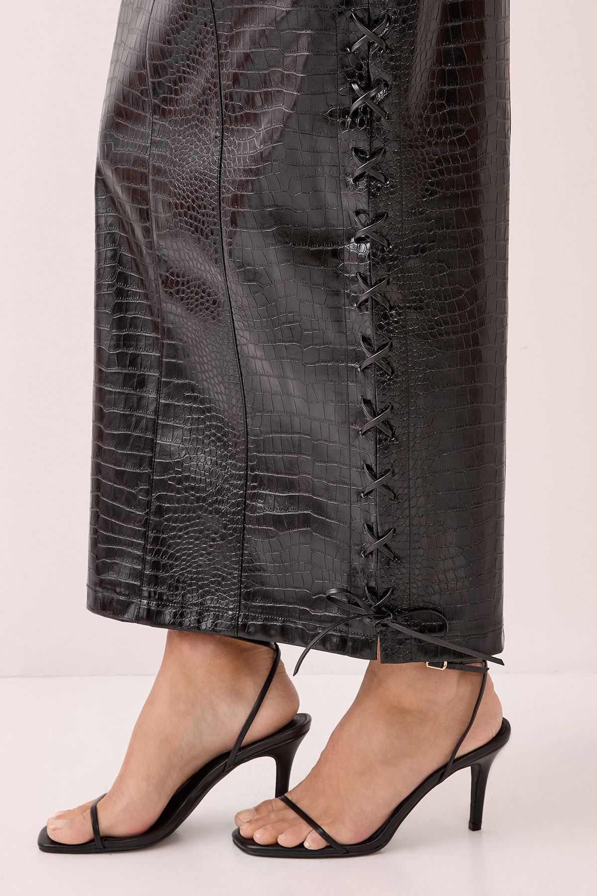 NastyGal Faux Leather Croc Bandeau Lace Up Maxi Dress Black image 3