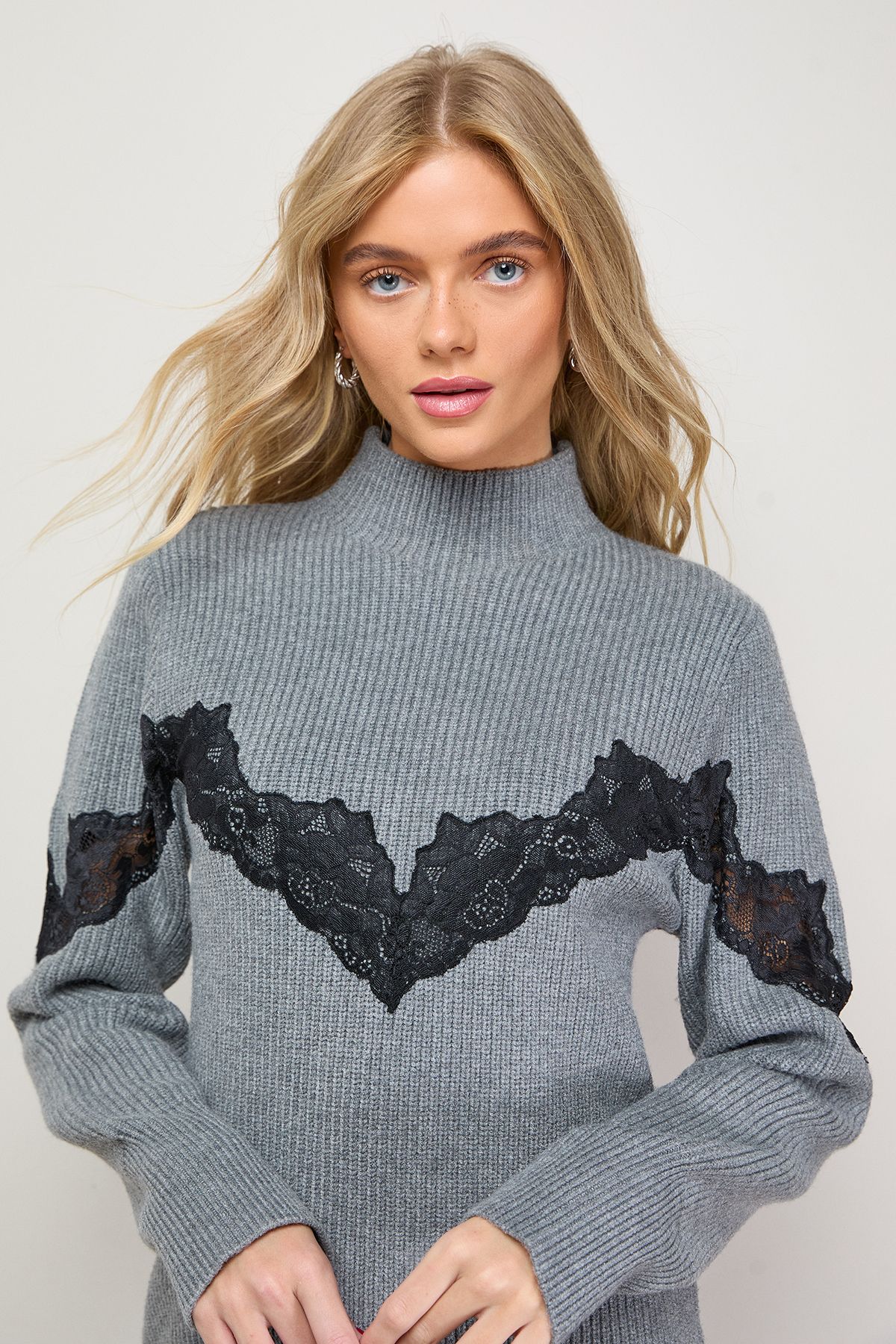 Oasis Contrast Lace Stitch High Neck Knitted Mini Dress Grey image 4