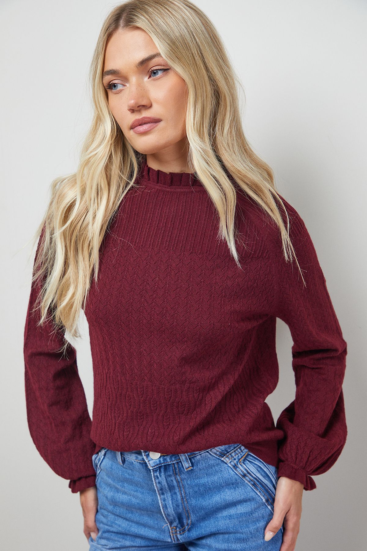 Oasis Ruffle Cuff and Collar Jumper Burgundy image 4