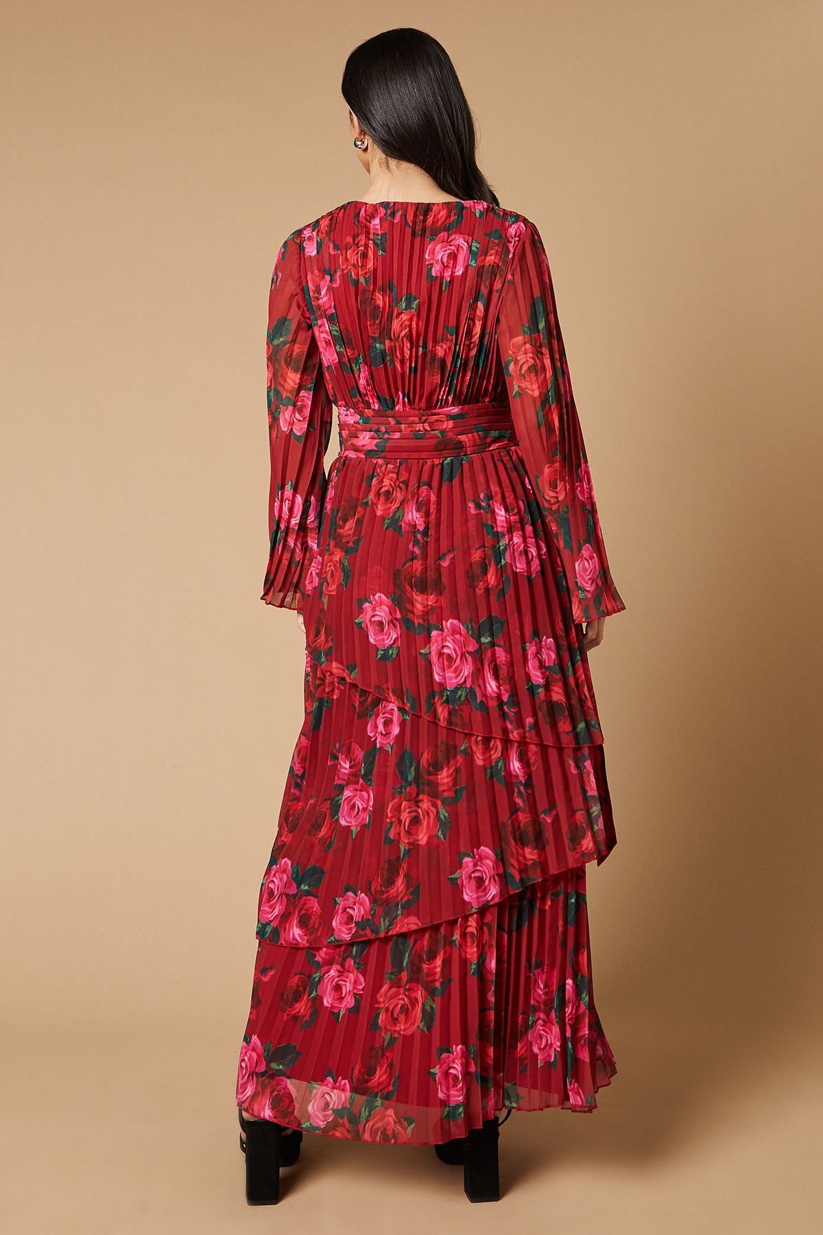 Oasis Floral Printed Pleated Asymmetric Tiered Maxi Dress Pink image 3