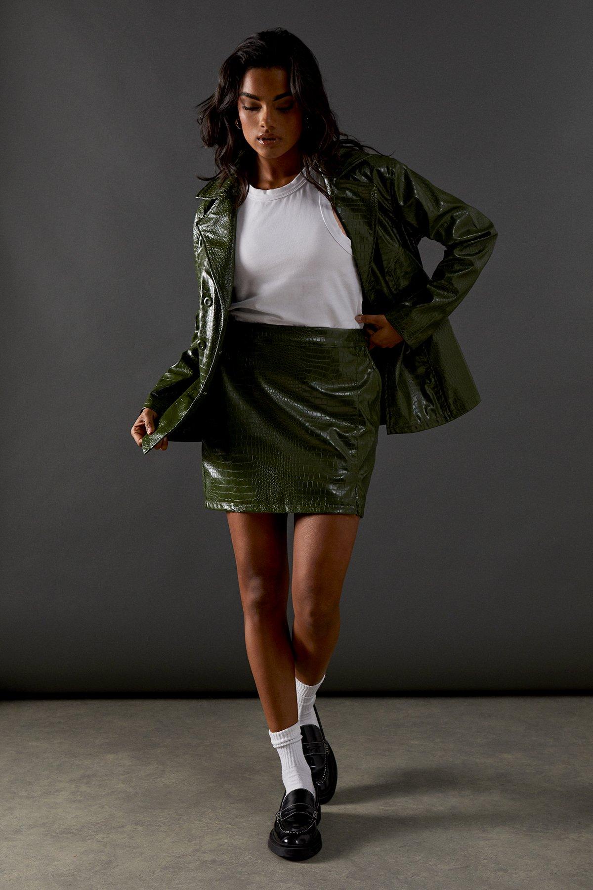 Warehouse Croc Waist Detail Faux Leather Jacket Green Olive image 2