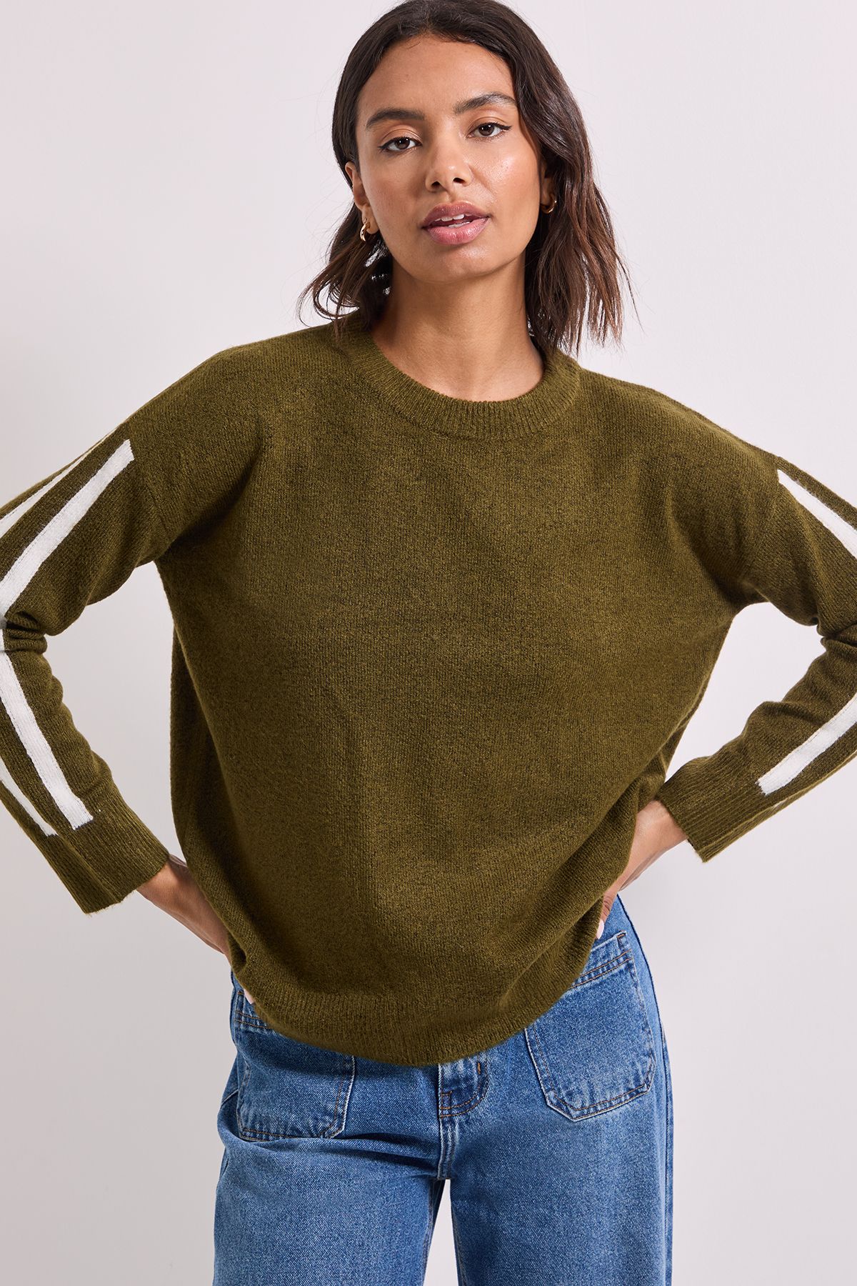 Dorothy Perkins Stripe Sleeve Crew Neck Jumper Olive image 4
