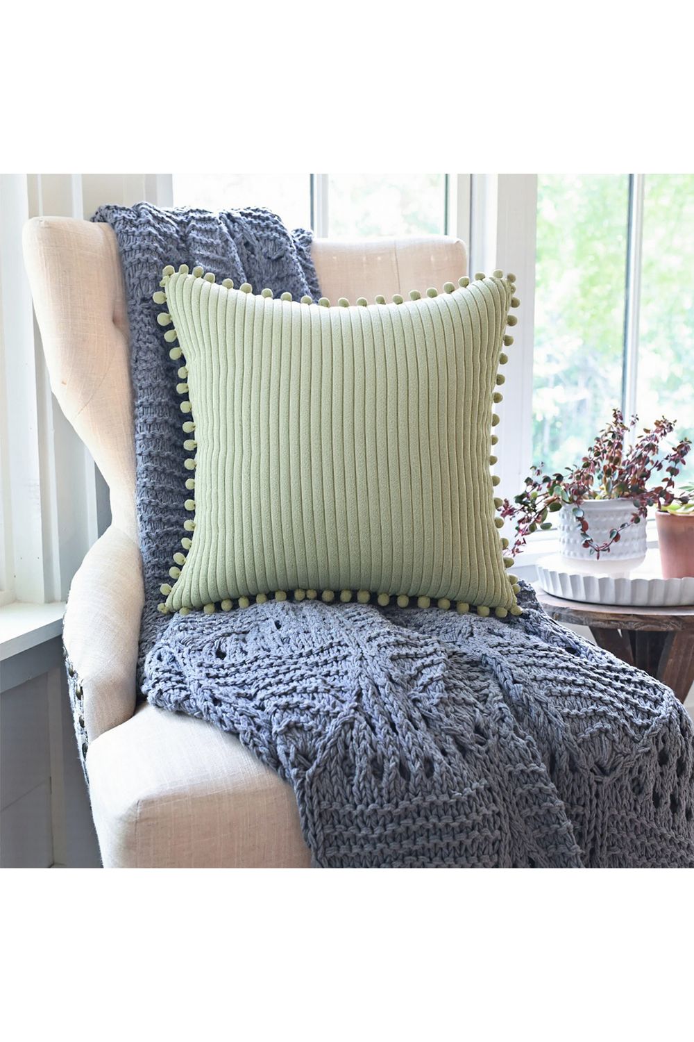 Living and Home Polyester Cushion Cover with Pom-Pom Trim image 2