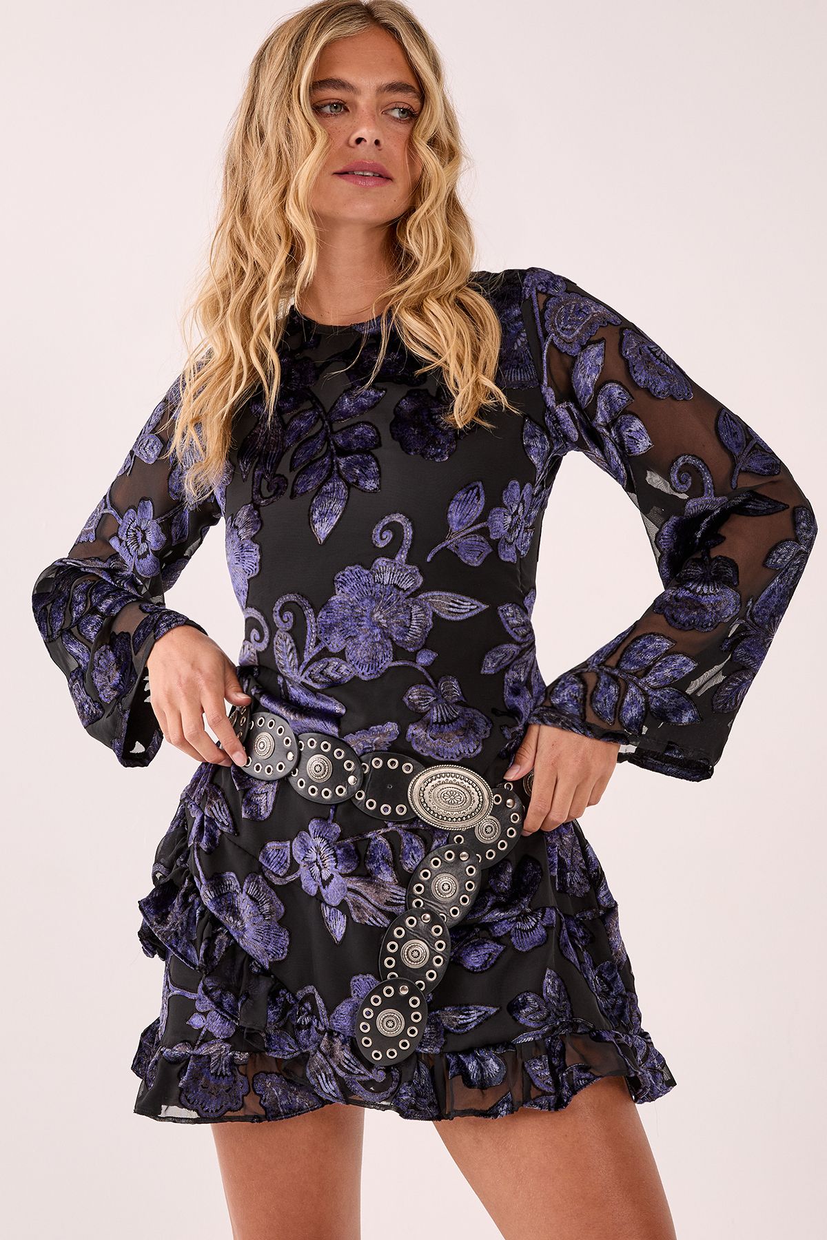 NastyGal Floral Devore Ruffle Wrap Mini Dress Black image 1