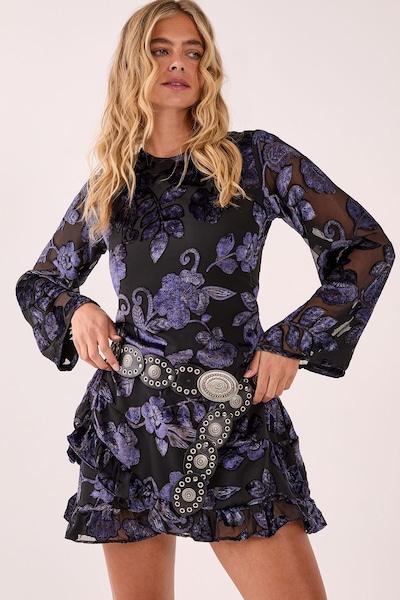 NastyGal Floral Devore Ruffle Wrap Mini Dress Black