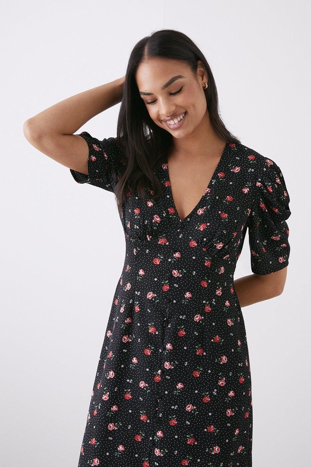 Dorothy Perkins Black Rose Print Button Through Midi Dress Black image 2