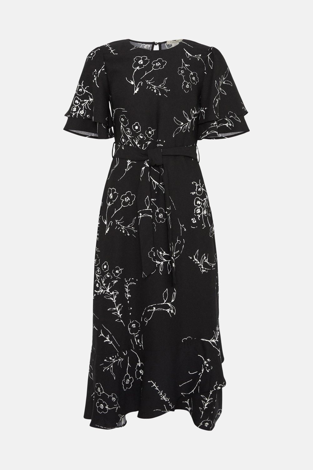 Oasis Petite Mono Floral Printed Frill Detail Belted Midi Dress Black image 5